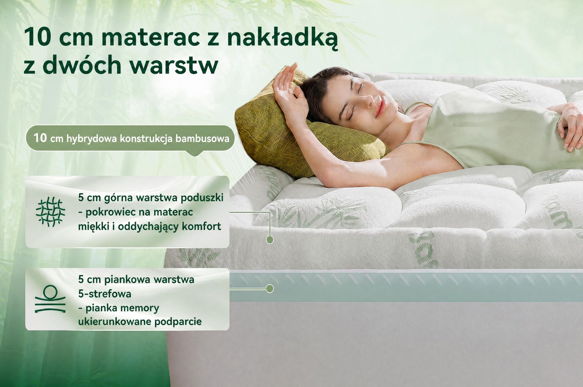 NicePlus, materac kieszeniowy 2 w 1, 180x200x10 cm, pianka termoelastyczna (5-strefowa) + warstwa komfortowa z bambusa, z gumkami narożnymi pasującymi do wszystkich materacy, twardość H2/H3, kolor: zielony