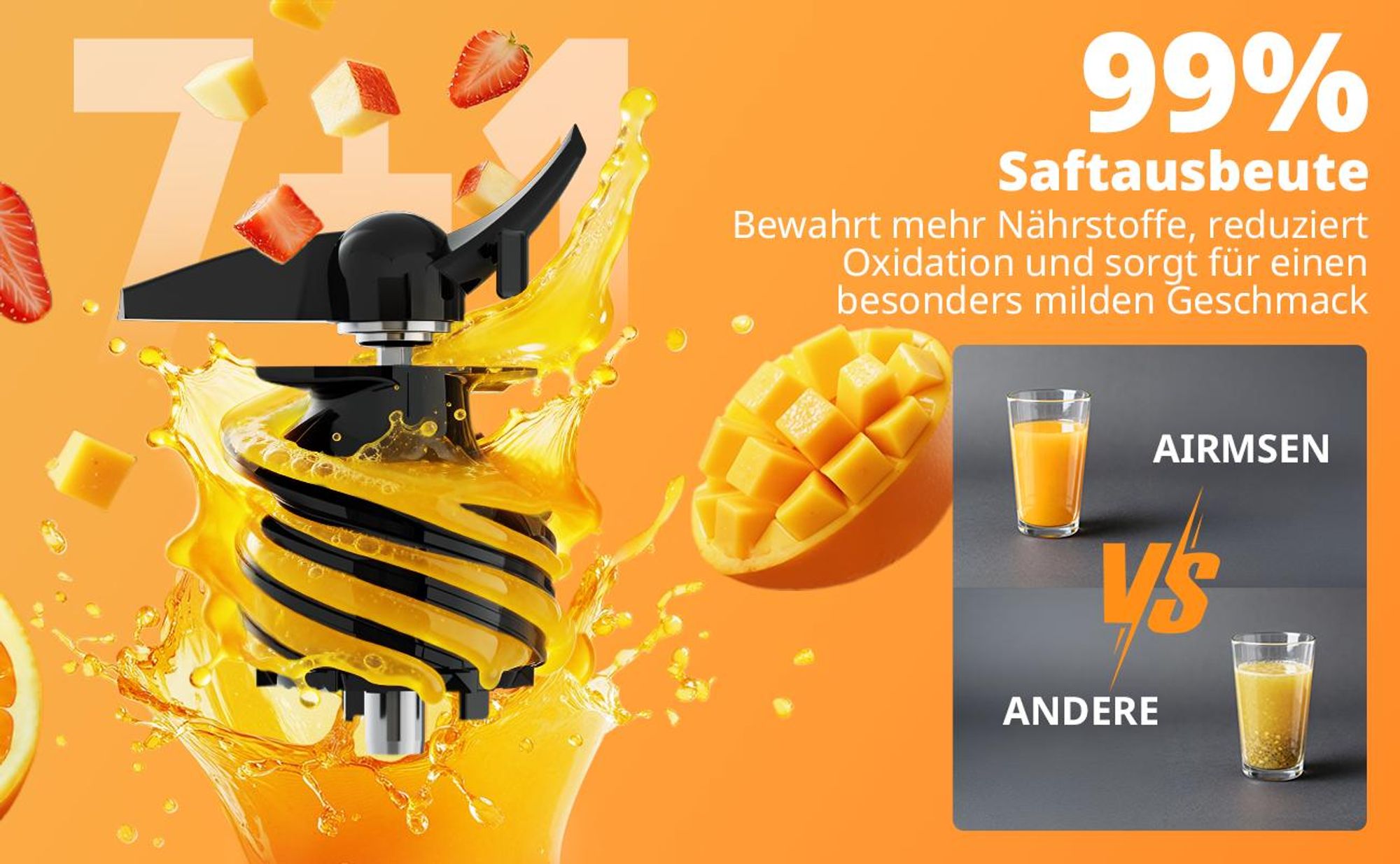 AIRMSEN Entsafter 300W, 140MM Öffnung, 2,1L Entsafter für Gemüse und Obst, Entsafter Slow Juicer mit Dreifachem Filter, Schwarz