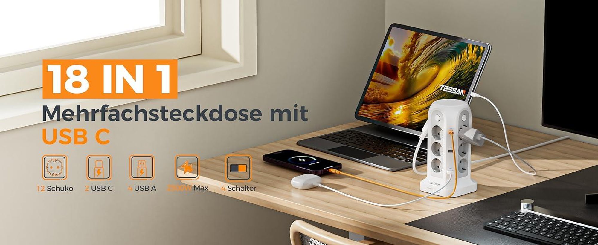 18 in 1 Mehrfachsteckdose mit 2 USB C und 4 USB A