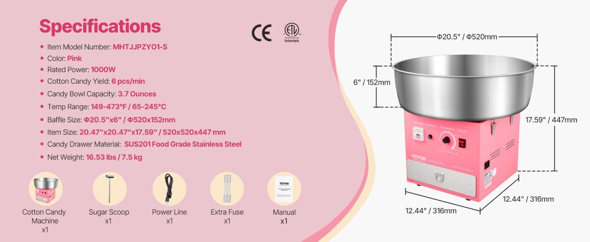 VEVOR Gewerbliche Zuckerwatte Maschine Zuckerguss Maker 1000W für Party Rosa, N-c, Gerade Oberfläche-b