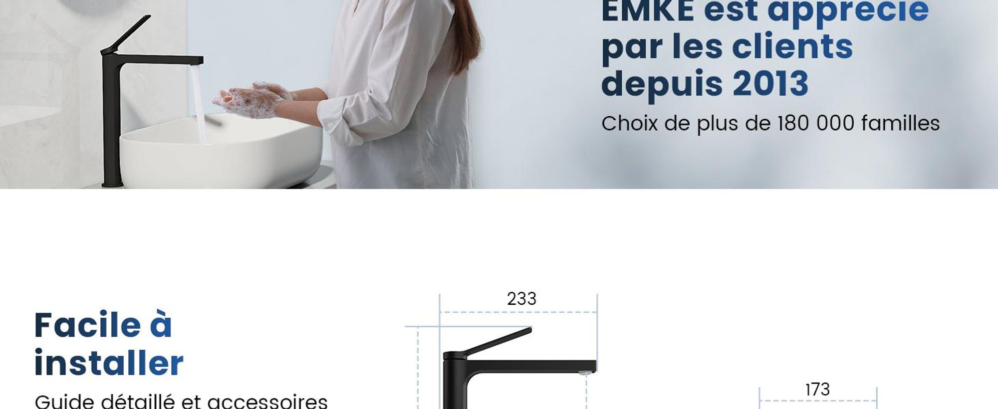 EMKE Robinet salle de bain noir mat 335x233x46mm, laiton, cartouche céramique, robinet salle de bain, mitigeur lavabo, mitigeur lavabo