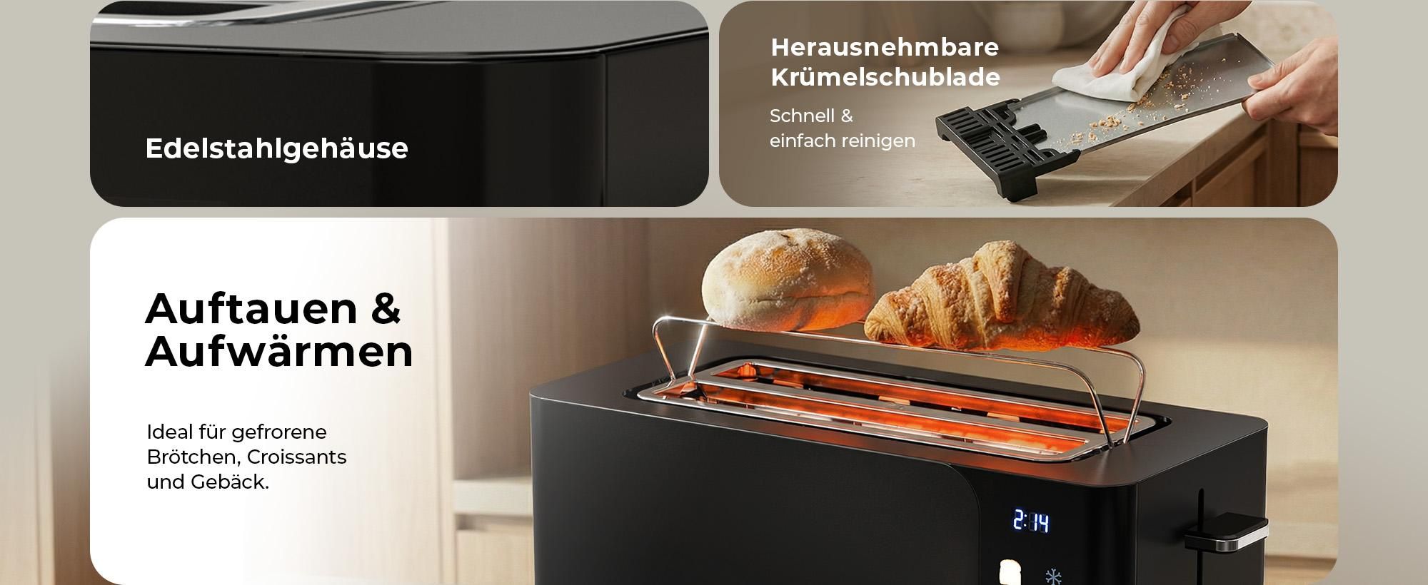 Balter Toaster 4 Scheiben, Edelstahl, Langschlitztoaster mit Brötchenaufsatz, 1500W, LCD Display, Defrost-/Aufwärmfunktion, Krümelschublade, Schwarz