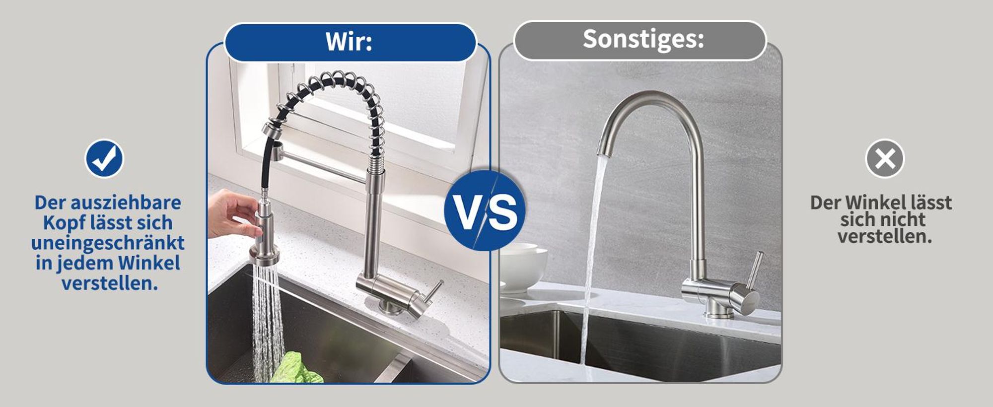 Homelody Vorfenster Küchenarmatur 90° Faltbar 360° Drehbare Hochdruck Edelstahl 304 Wasserhahn Küche mit Brause Ausziehbar 2 Strahlarten Gebürstet