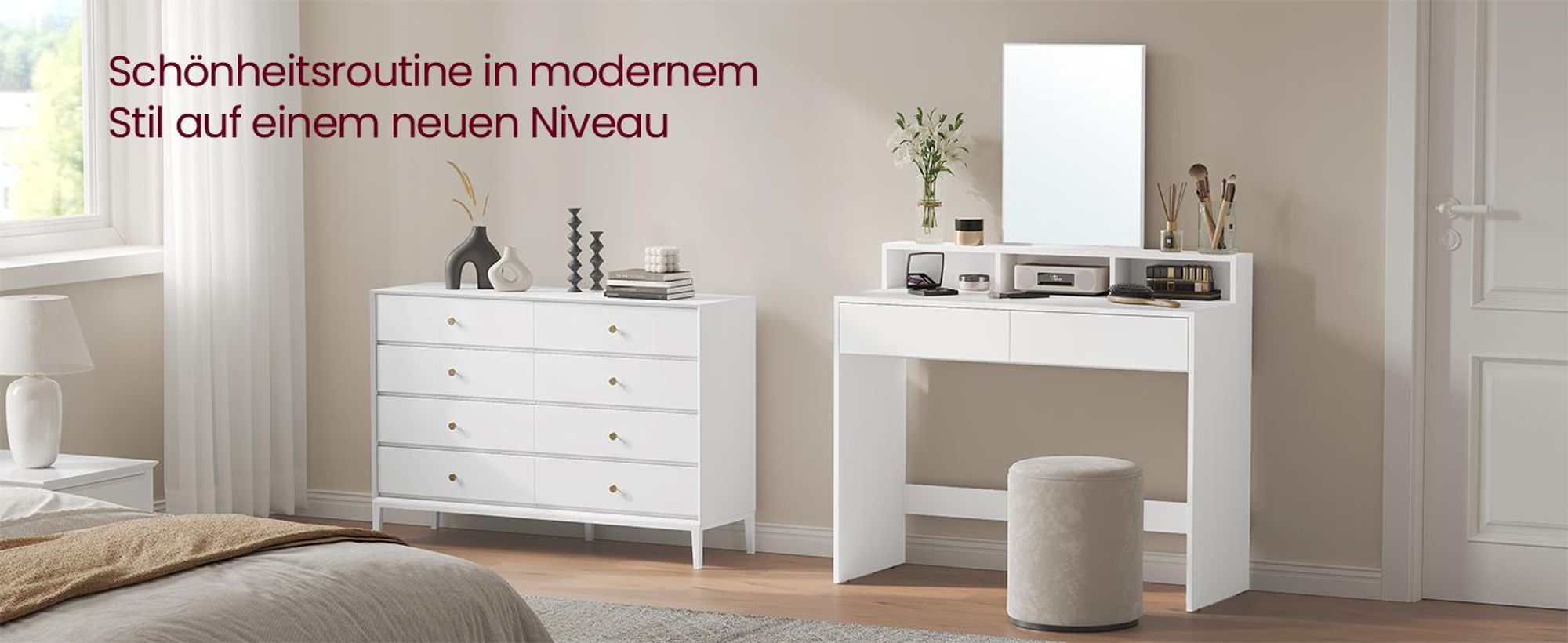 VASAGLE Schminktisch, großem Spiegel, 2 Schubladen, 3 offene Fächer, weiß, Modern