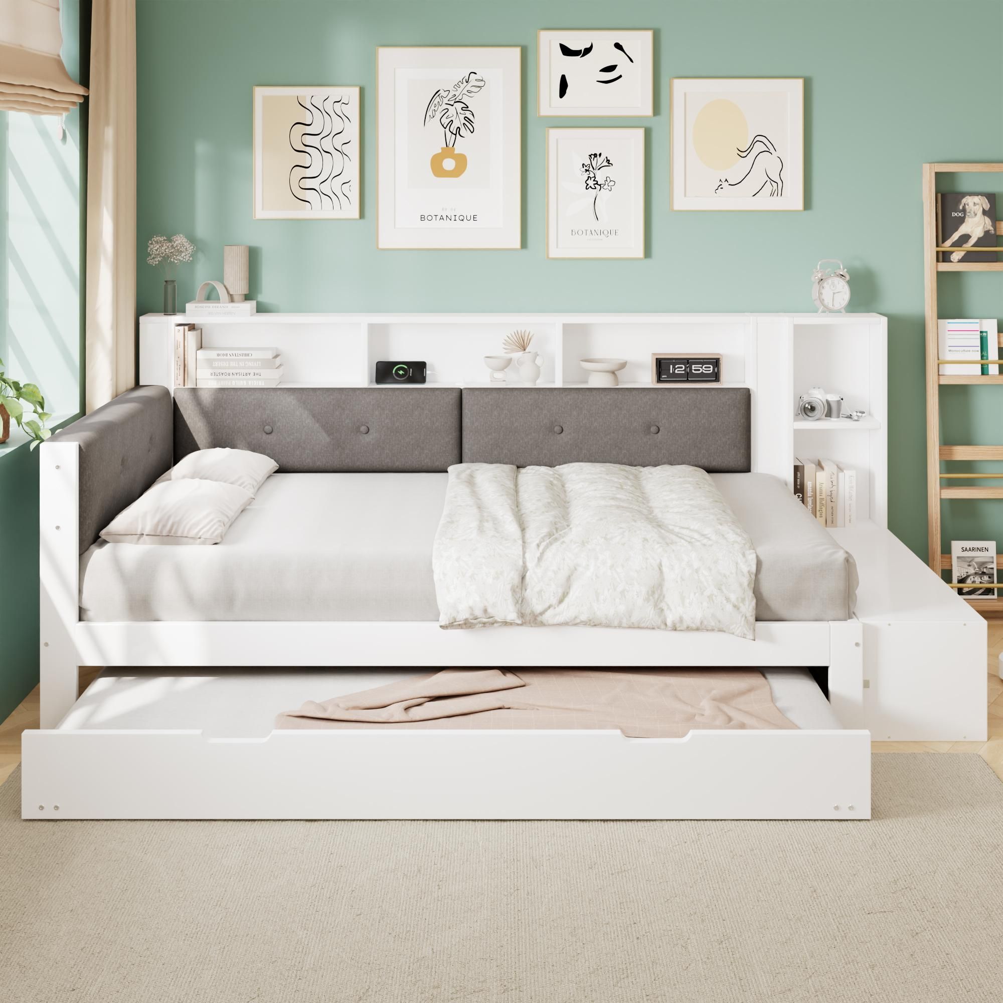 Merax Holzbett Tagesbett 120x200 cm mit Ausziehbett 90x190 cm, Daybett mit Ladefunktion und gepolstertem Kopfteil, Regalfächern & Schuhbank, Weiß