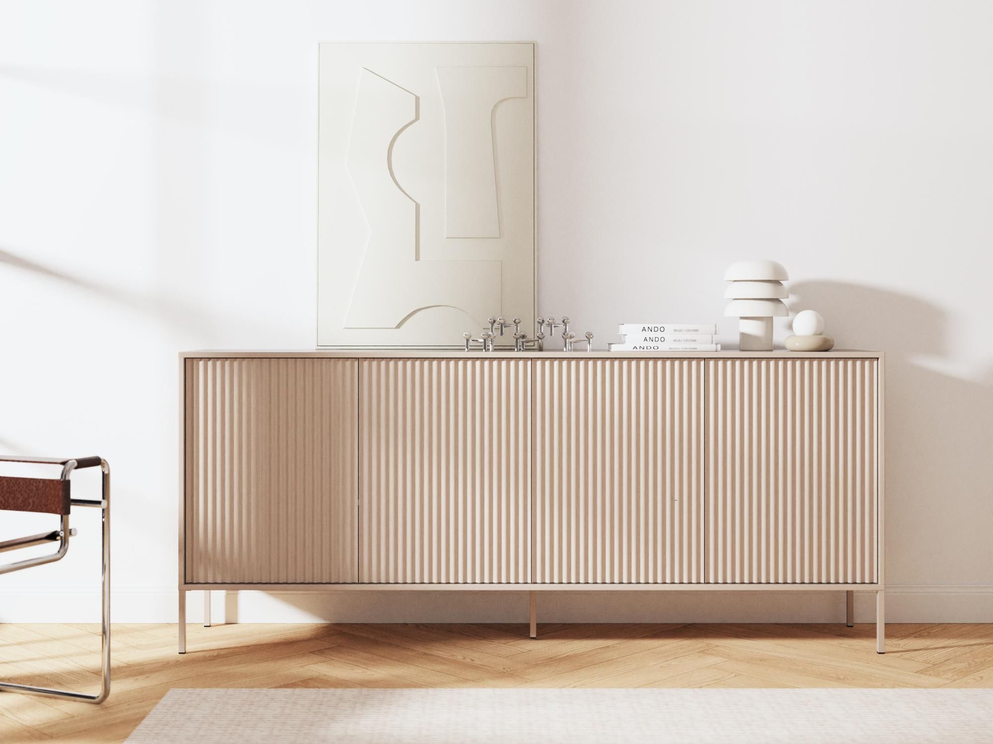 BEAUTYSOFA | Kommode NOTO 200 cm Kaschmir, Wohnzimmer Schrank mit 4 Türen und geriffelten Fronten, Push-to-Open