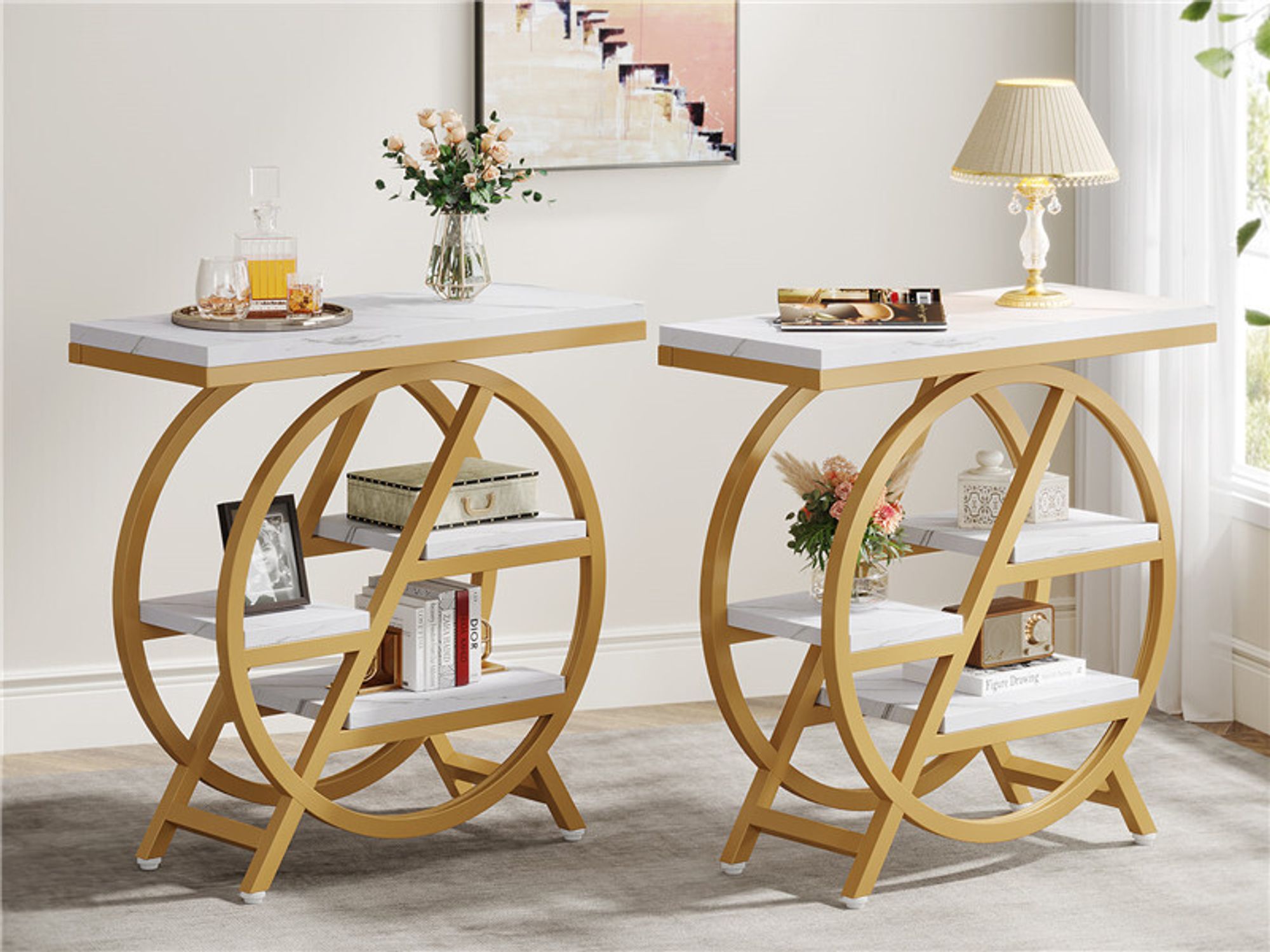 Tribesigns 3-Tier Beistelltisch Schmal, 65 x 30 cm Sofatisch aus Kunstmarmor mit Stauraum, Industrielle Kleiner Beistelltisch, Gold & Weiß