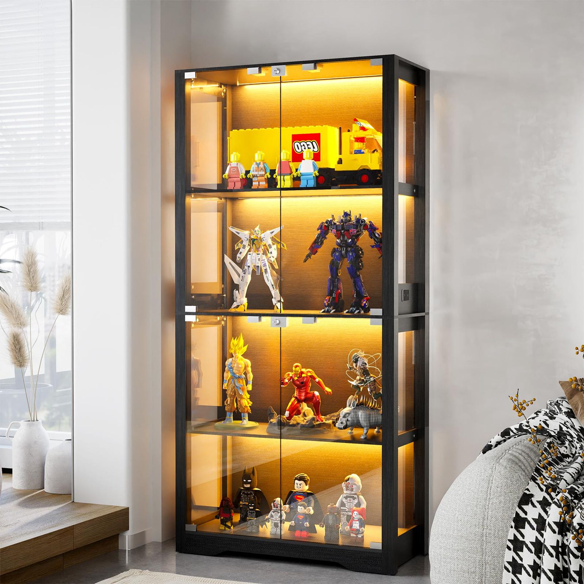 TWSOUL Vitrine LED-Vitrinenschrank mit intelligenter Sensortechnik，3-farbiger Beleuchtung,Glas Vitrine für Sammlerstücke