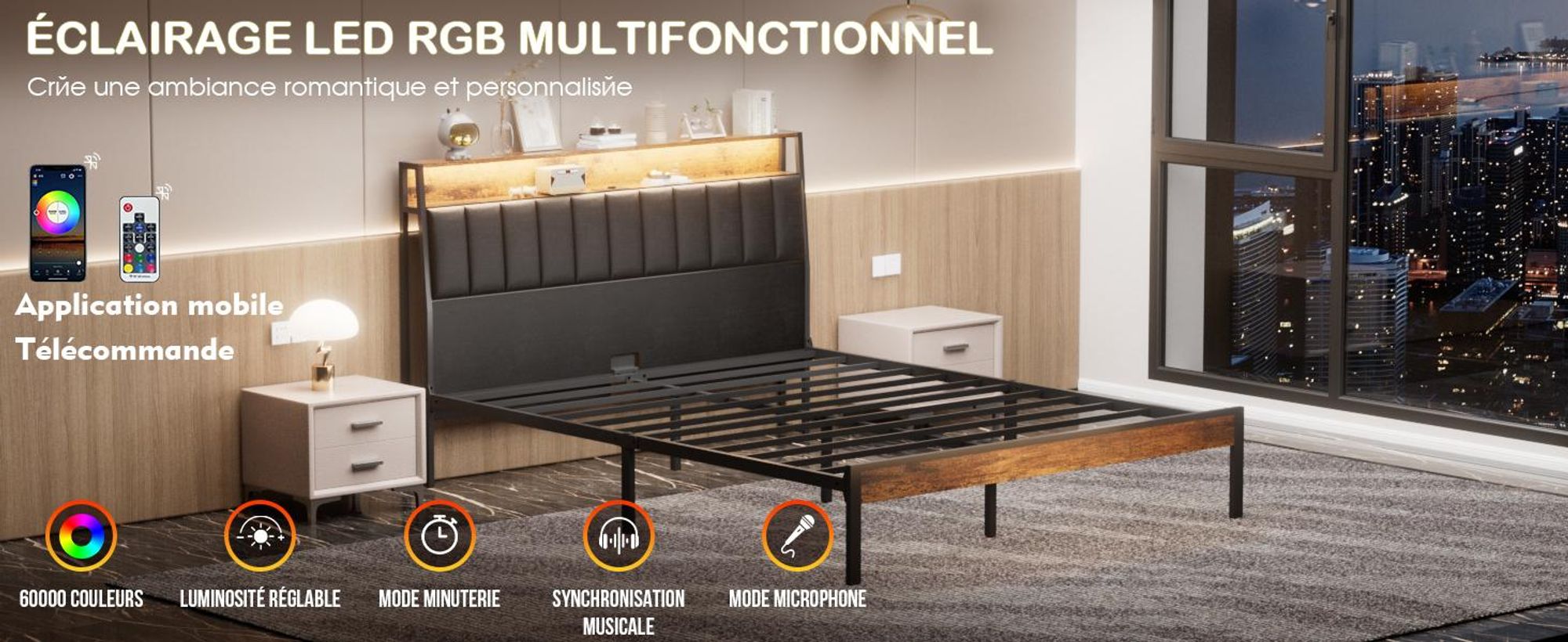 DEWINNER Cadre de lit 160 x 200 avec Sommier en métal, lit 2 Personnes, avec lumières LED et Prises Multiples (1 Prise AC, 2 Ports USB), avec casier
