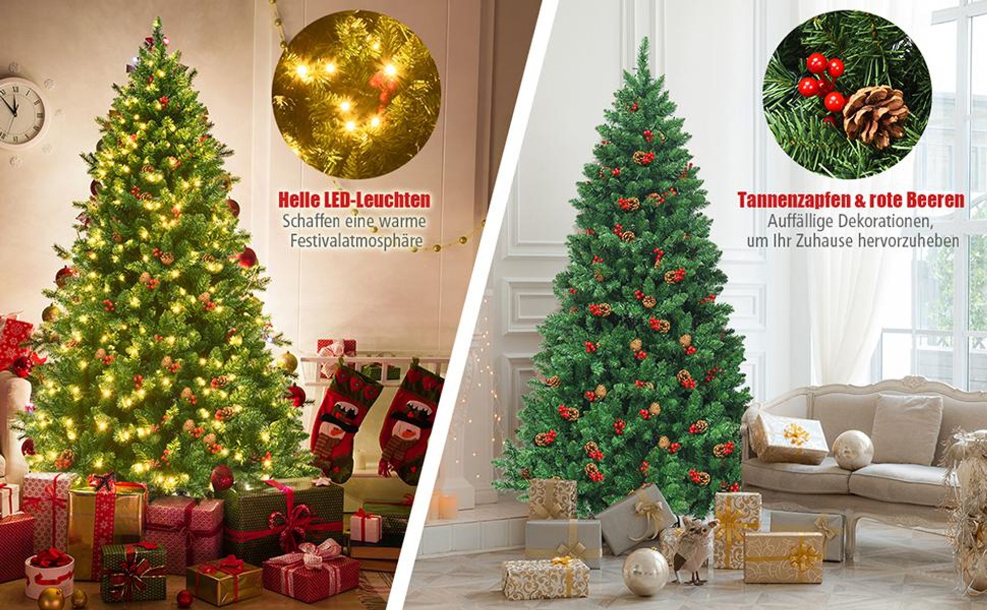 COSTWAY 135cm Künstlicher Weihnachtsbaum mit warmweißer LEDs, Metallständer, Tannenzapfen, rote Beeren&Klappsystem, , Christbaum PVC Nadeln, Grün