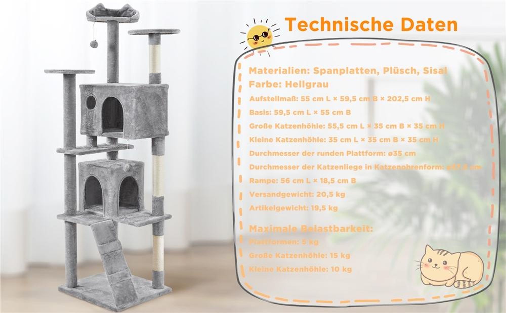 Yaheetech XXL Kratzbaum, 202,5 cm, mehrstufig, mit 3 Sisalstämmen, 3 Aussichtsplattformen, 2 Katzenhöhlen & 2 Plüschbällen, Hellgrau