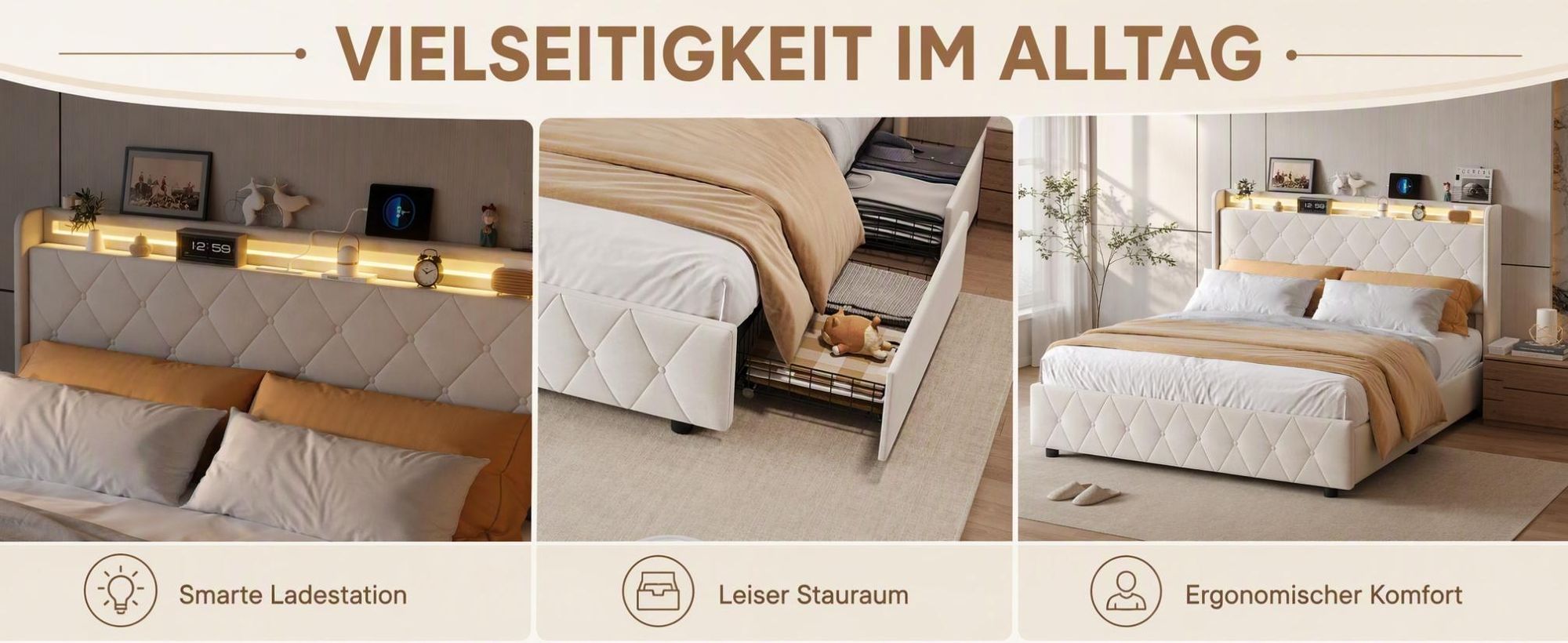 INONEFT Boxspringbett Polsterbett 140x200 mit LED & USB/C,Doppelbett Bett mit 4 Schubladen und Lattenrost,Bettgestell mit Stauraum-Kopfteil,Samt Beige