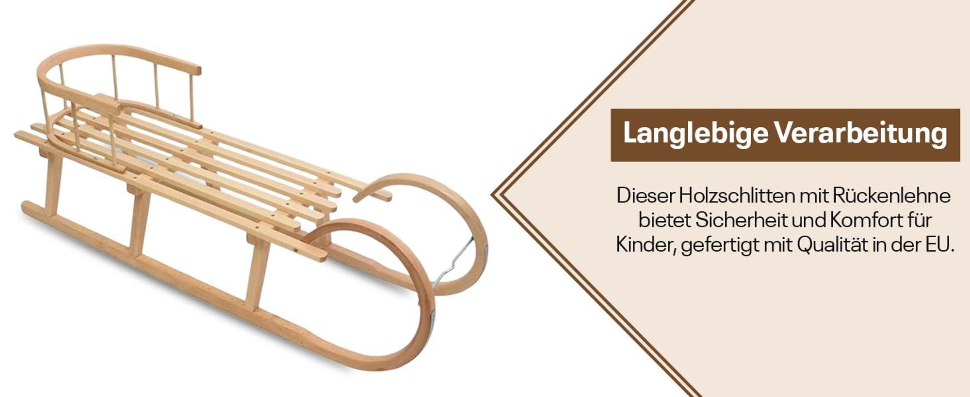 Holzschlitten | Hörnerrodel 120 cm mit Rückenlehne | Schlitten Kinder Holz | Kinderschlitten aus Holz | Perfekt für Winterabenteuer bis 200 kg