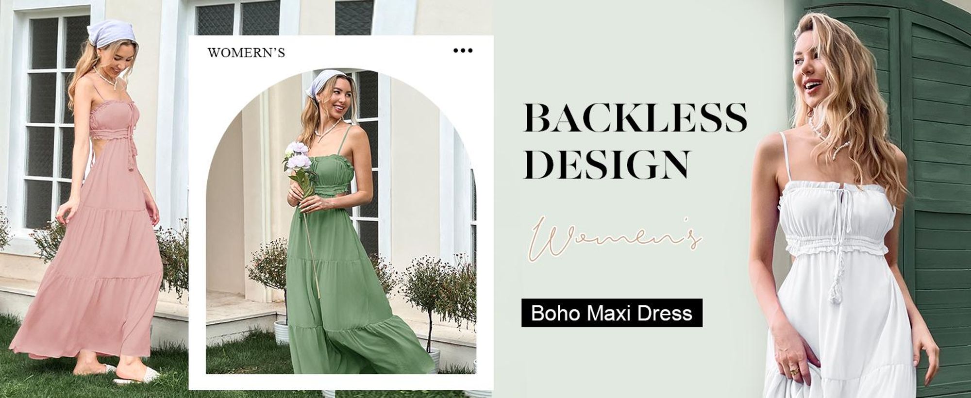 Damenkleid, langes, rückenfreies Kleid im Bohème-Stil mit Spaghettiträgern.