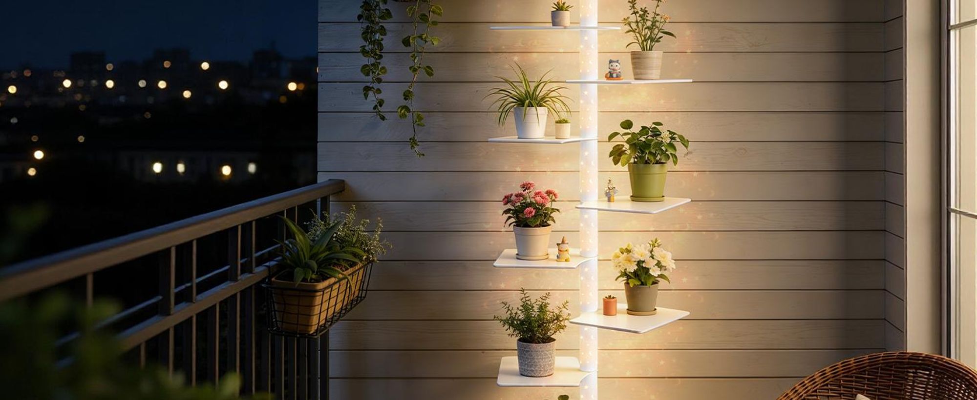 9 Ebenen Pflanzenständer mit LED-Sternenlicht & Drehbaren Regalen, 180cm Metall Pflanzenregal Blumenständer für Balkon Wohzimmer Garten, Weiß