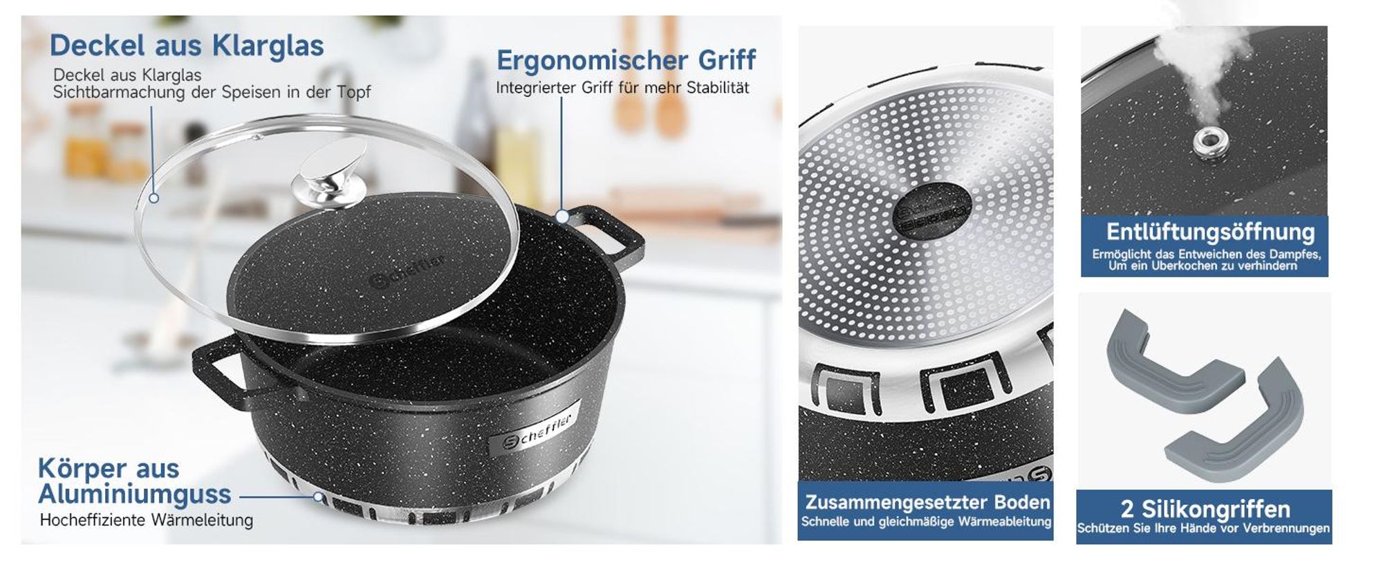 Topf Scheffler Topf Induktions Kochtopf mit Deckel, Antihaftbeschichtung, 20cm/2,6L Topf, für alle Herdarten, Aluminium-Kochtopf