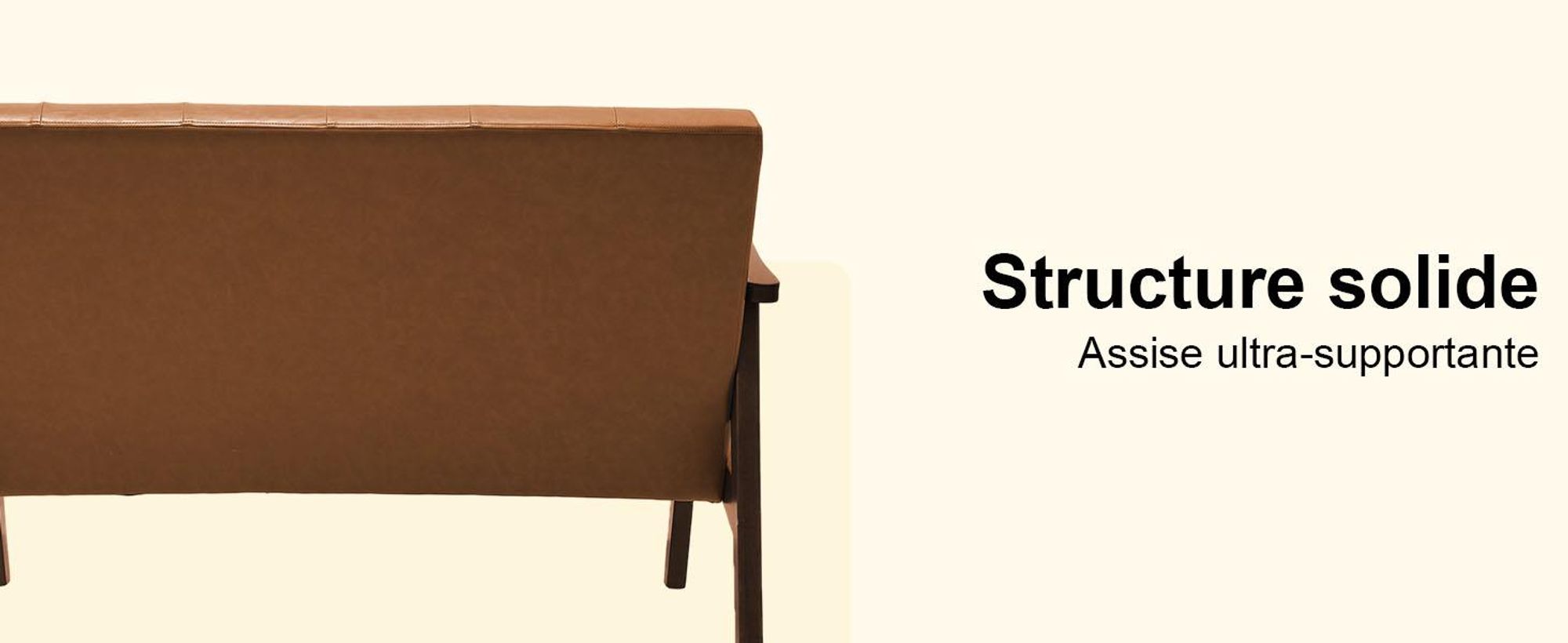 HomeMiYN Canapé 2 Places Scandinave en Simili Cuir, Accoudoirs Bois Massif, pour Salon Chambre Bureau, 240 kg, 124x74x75 cm, Caramel