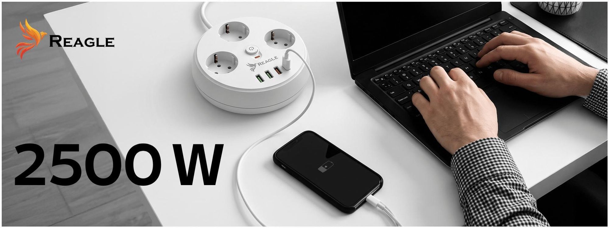 Reagle Runde Steckdosenleiste aufrollbar 2m, Mehrfachsteckdose mit 3x Steckdosen & 4x USB (3x USB-A, 1x USB-C), Verlängerungskabel 2500W