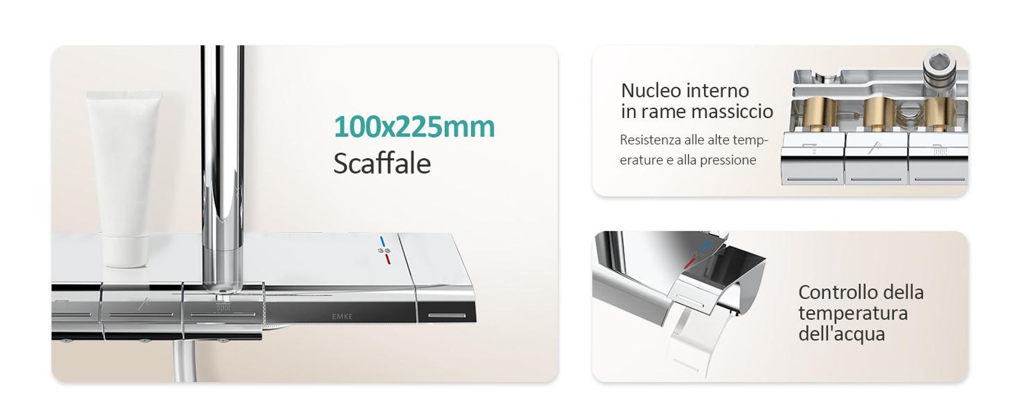 Sistema doccia EMKE con termostato, soffione a pioggia da 36x24 mm, doccetta manuale con 3 intensità di getto, doccia a pioggia, miscelatori per bagno e doccia, conformità KTW, finitura cromata