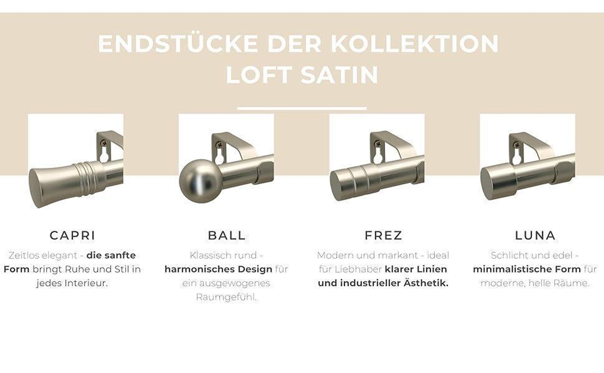 LOFT 360 cm Doppelte Gardinenstange 19 mm aus Metall mit Endstück FREZ Komplettset mit Ringen und Clips Inklusive Montagezubehörset Farbe Satin
