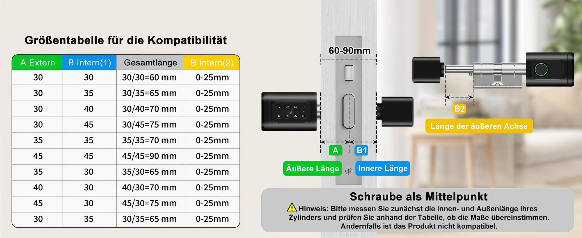Smartes Türschloss Elektronischer Schließzylinder, Längenverstellbar (60-90mm) für Europrofil, 5-in-1 (Fingerabdruck, Tuya App, PIN, RFID, Schlüssel)