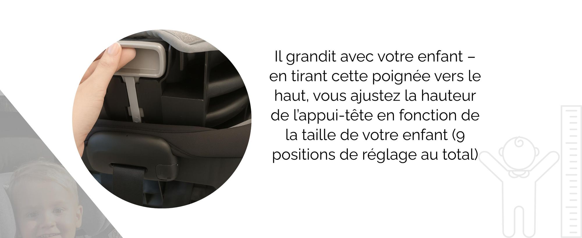 Réglage de la hauteur de l’appuie-tête du siège auto KidsZone sur 9 positions