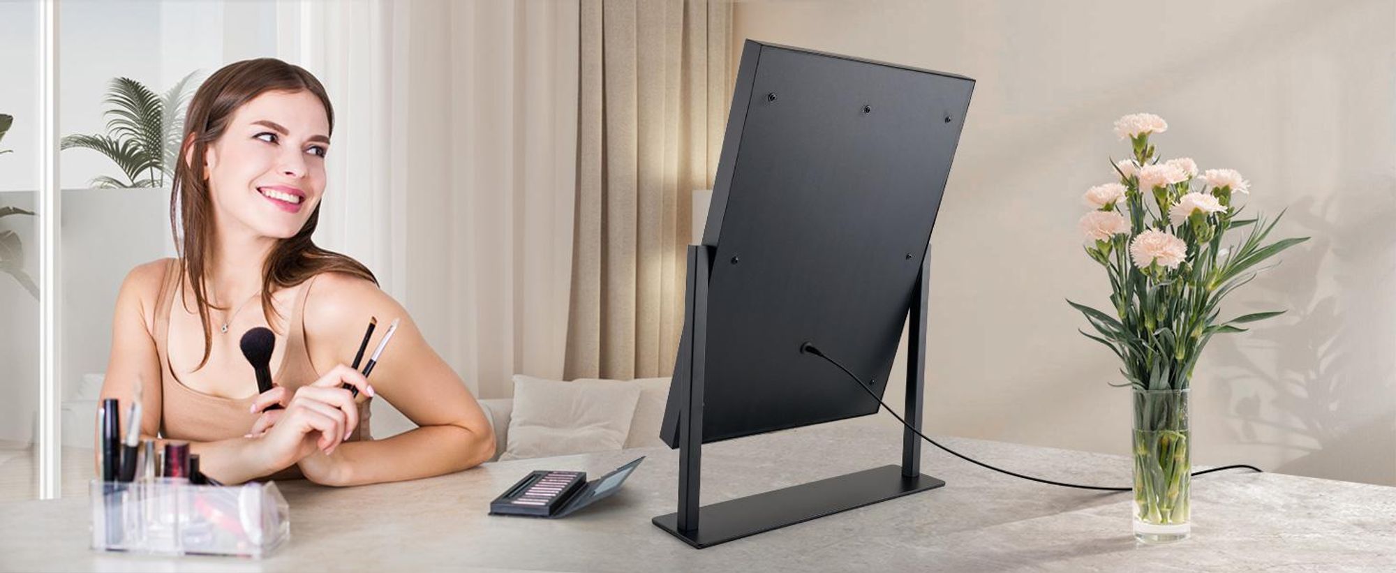EMKE Hollywood Miroir de courtoisie 85x364x475mm avec miroir grossissant 7x, noir Miroir de courtoisie avec écran tactile intelligent et 3 couleurs de lumière, 12 lampes LED à intensité variable, pivotant à 360° et fonction mémoire