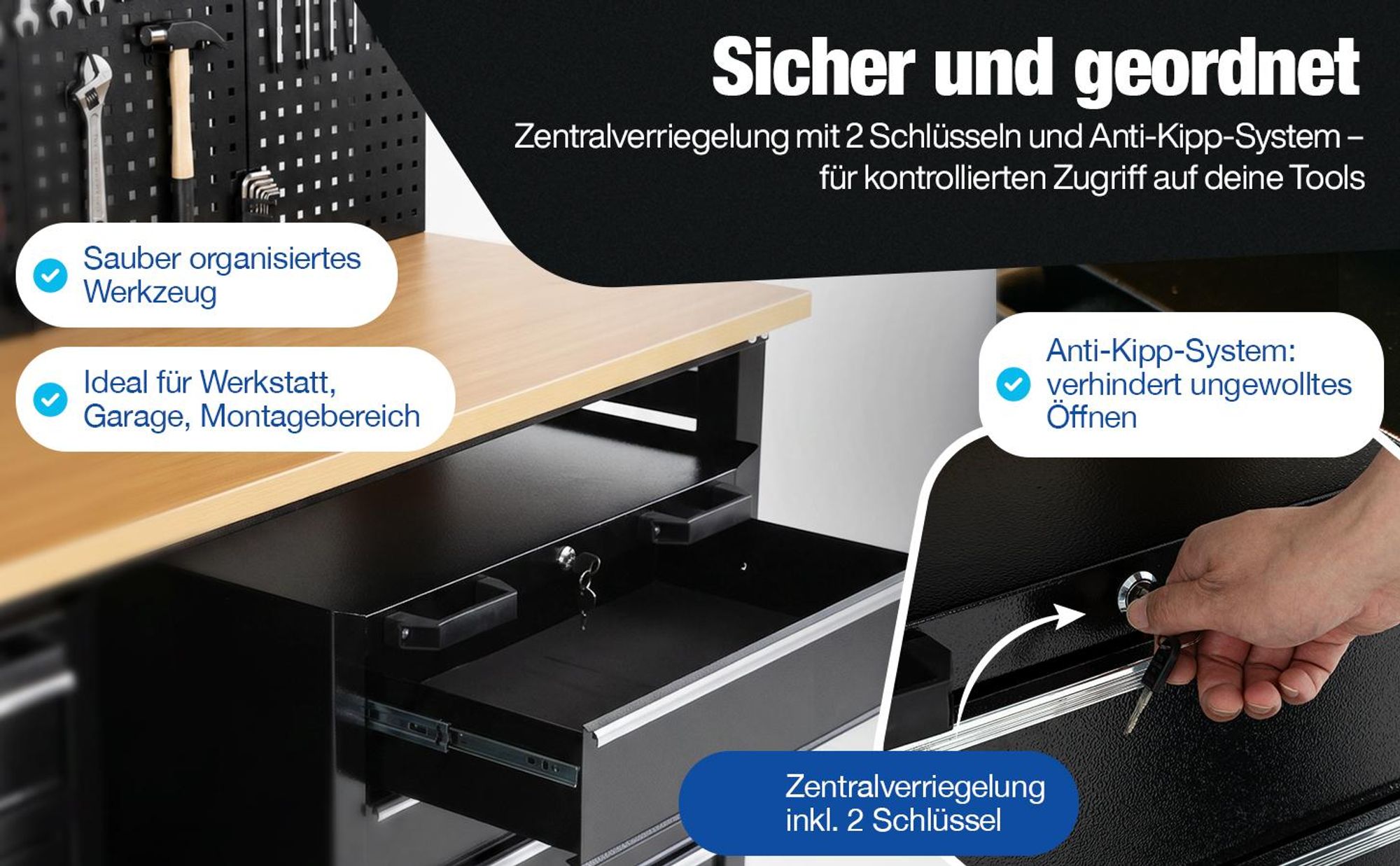 XL Werkstattwand Komplett-Set 210 cm – Modulares Werkstattsystem mit 25 mm Holzarbeitsplatte, Werkzeugschränken, Lochwand & Werkbank, 200 kg Traglast