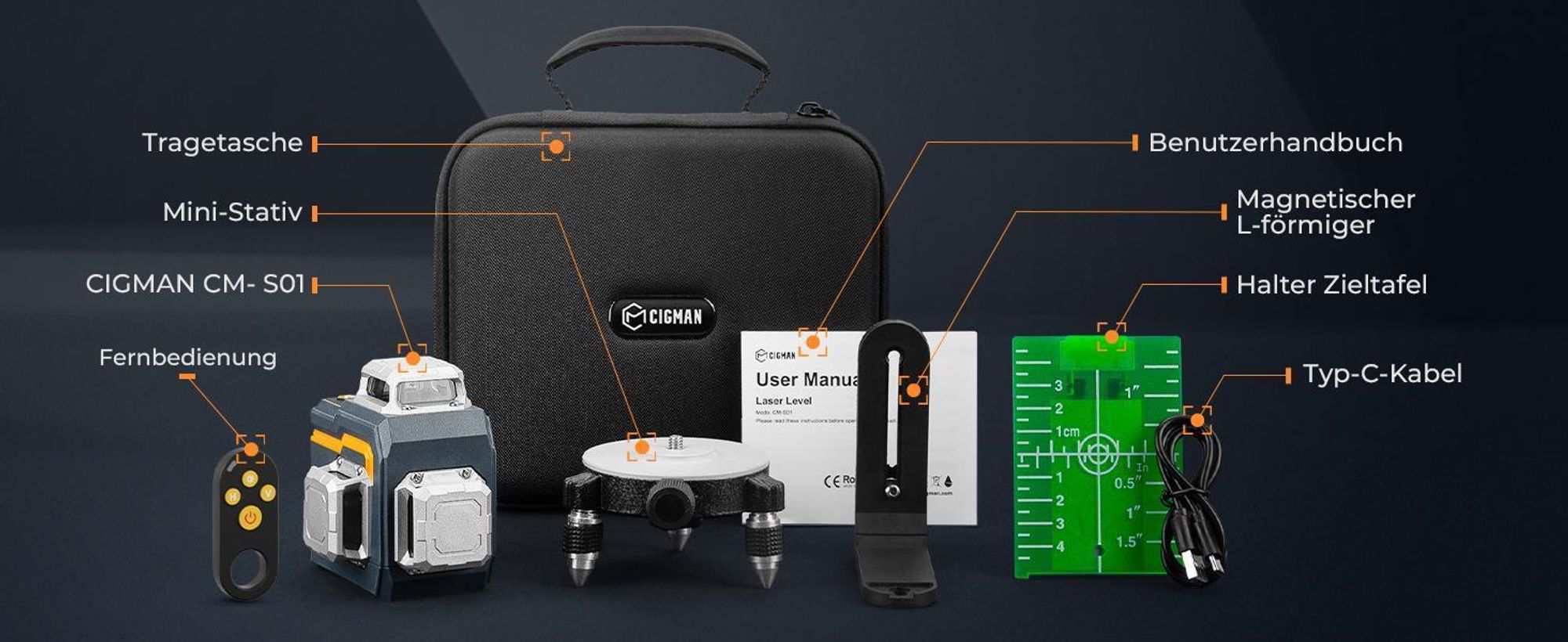 CIGMAN CM-S01 3D laserový nivelační přístroj - 3x360°, ovládání přes APP, zelený laser, IP54