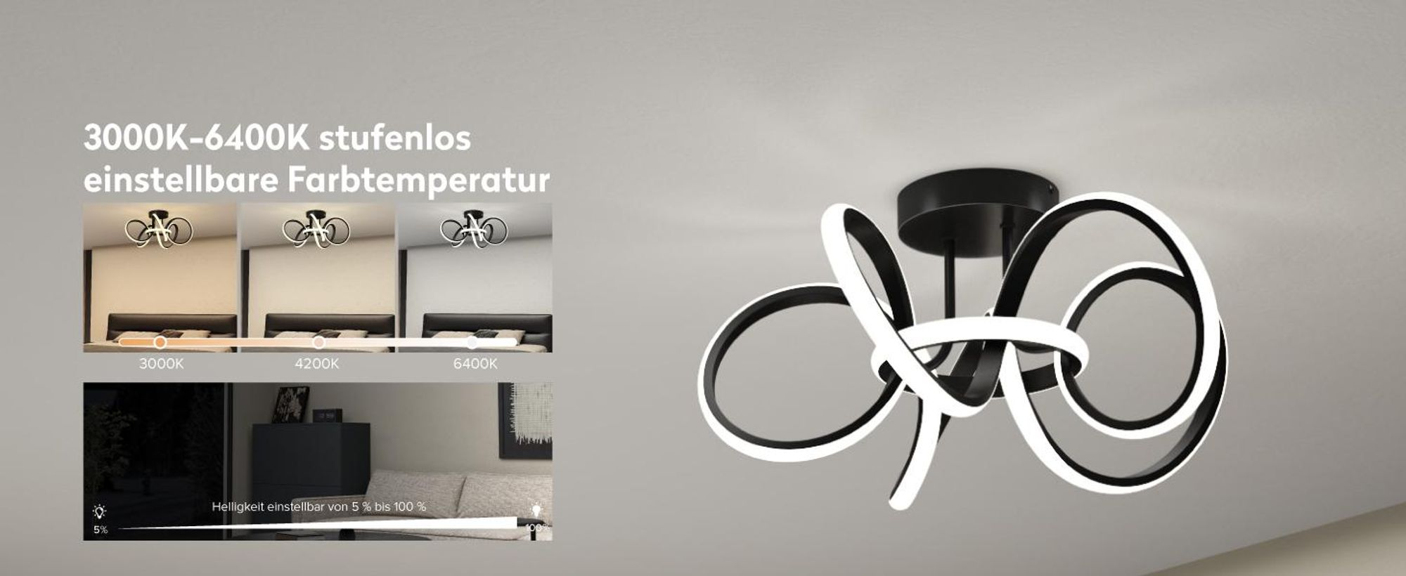 doporro Deckenlampe LED, Deckenleuchte dimmbar mit Fernbedienung, Modern Schlicht Lampe 65W für Wohnzimmer, Schlafzimmer Schwarz Alivetta25035