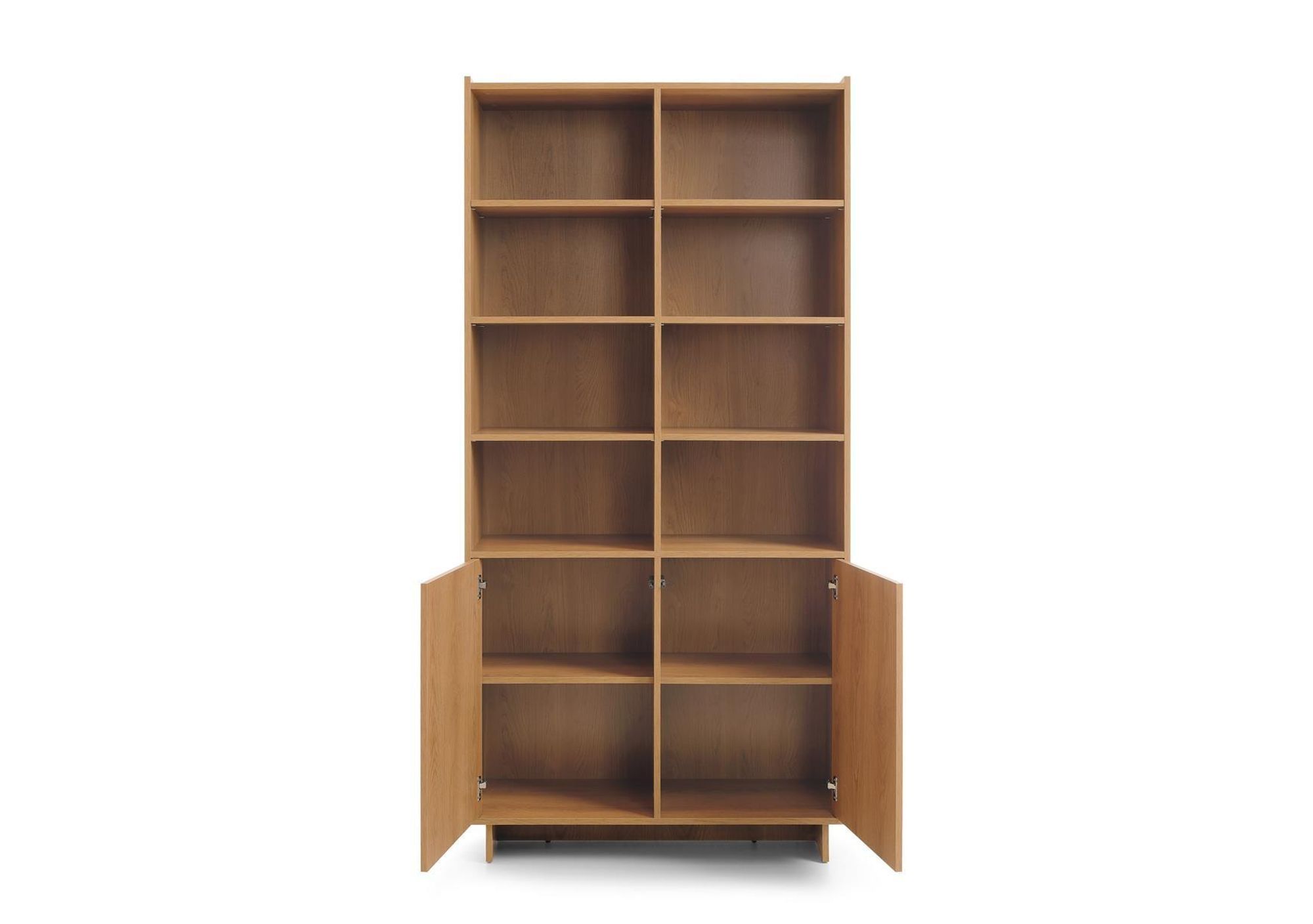 BETTSO Bücherregal SUNA Japandi Standregal Eiche Caramel grifflos Schrank 4 Türen 12 Fächer, 98x200x39 cm, Wohnzimmer, Saugroboter-geeignet