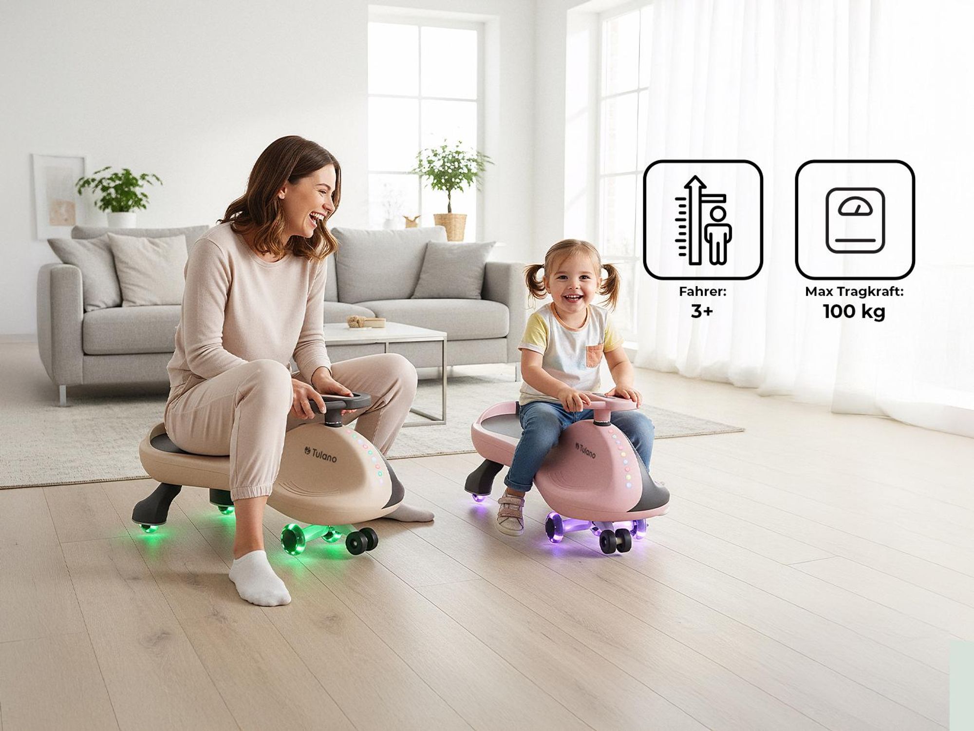Rutschauto für Kinder Tulano Focus 35 Beige - Gravity Ride-On Fahrzeug mit LED-Lichtern für Kinder ab 3 Jahren - Auto Swing Car Rutscher