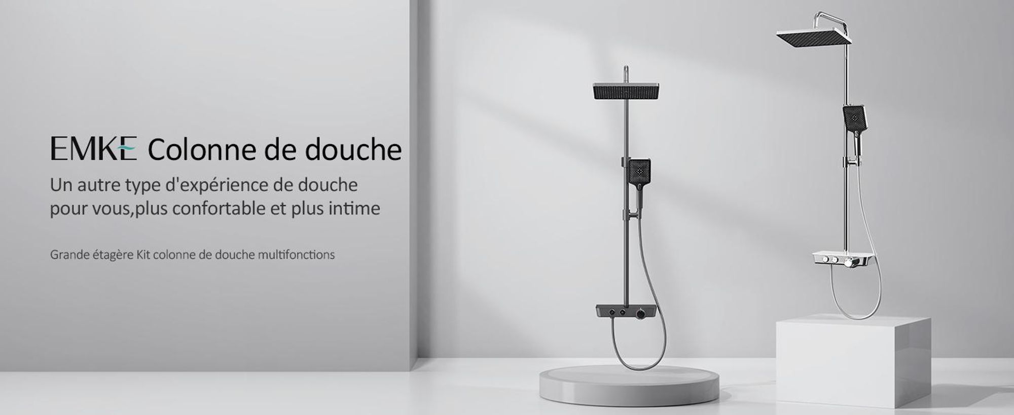 EMKE Système de douche avec thermostat, set de douche en acier inoxydable avec douchette à main 3 fonctions, robinetterie de salle de bain & douche,  KTW, gris- F08