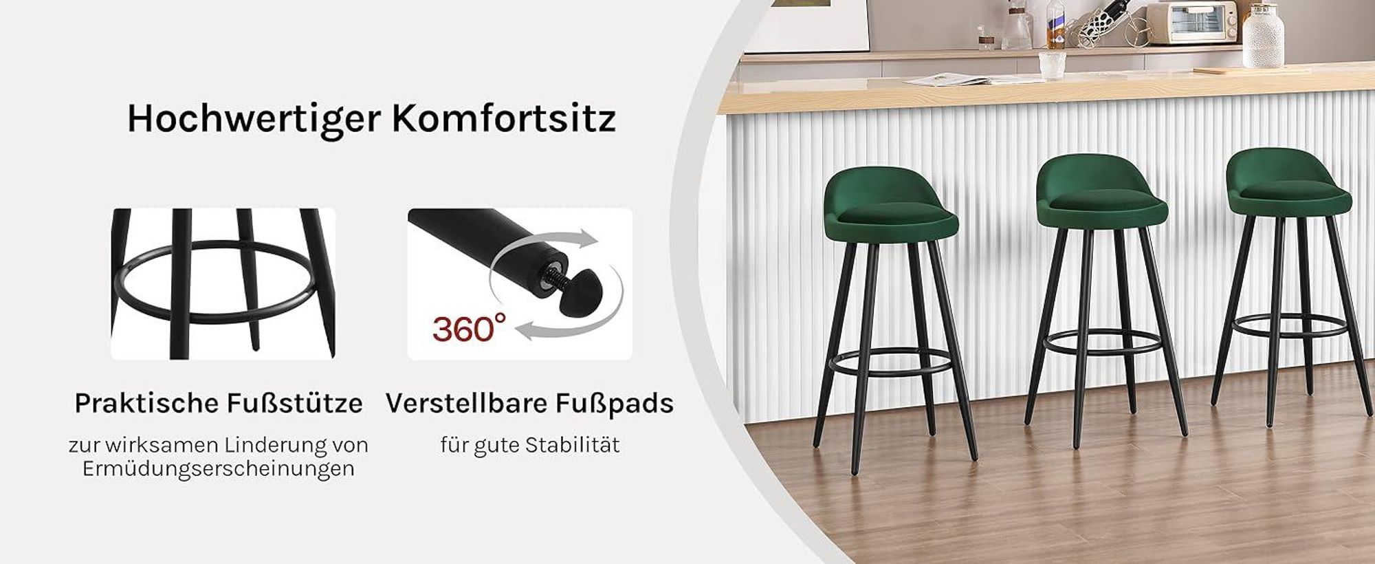 WOLTU Barhocker 2er Set Barstuhl Hocker Tresenhocker Bistrohocker Designer Hocker mit Lehne und Fußstütze aus Samt Metall, Dunkelgrün