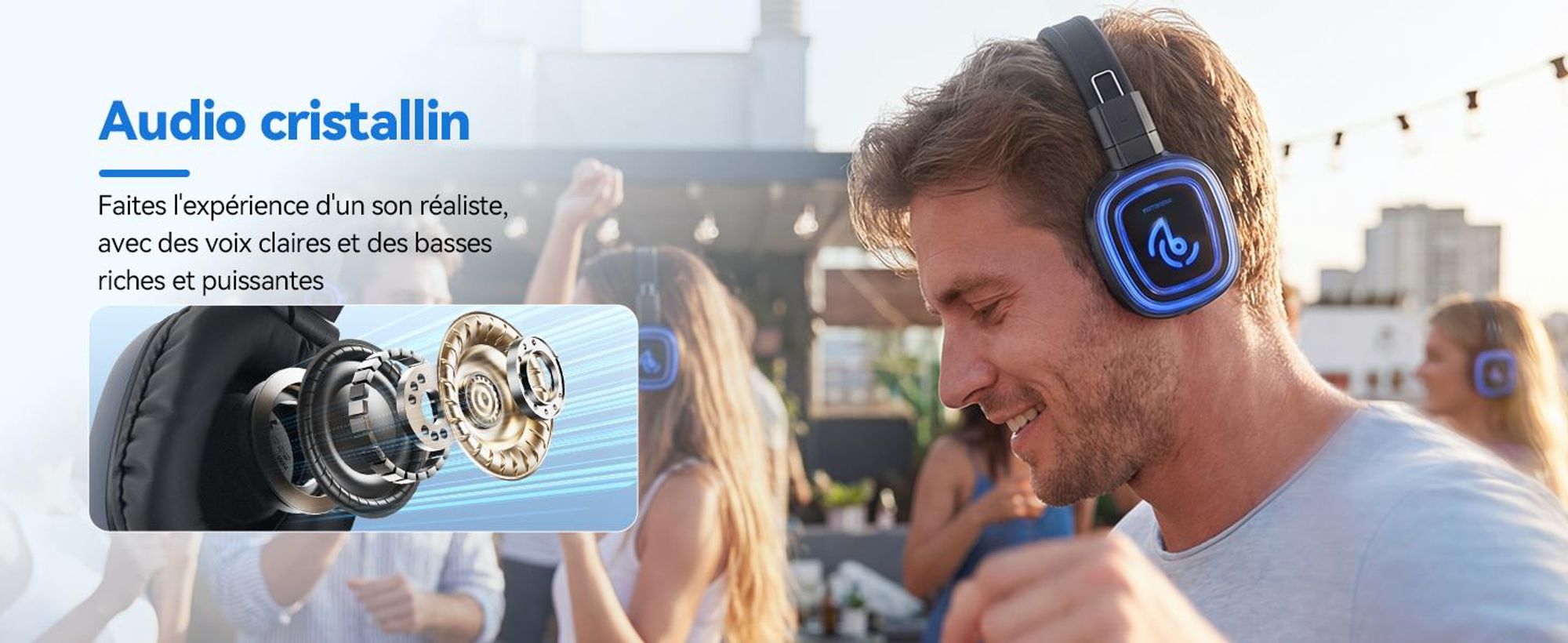 Casque sans fil Retekess TA004S Silent Disco, système audio version améliorée, 6 canaux avec Bluetooth, pliable, pour la télévision, le yoga et la méditation