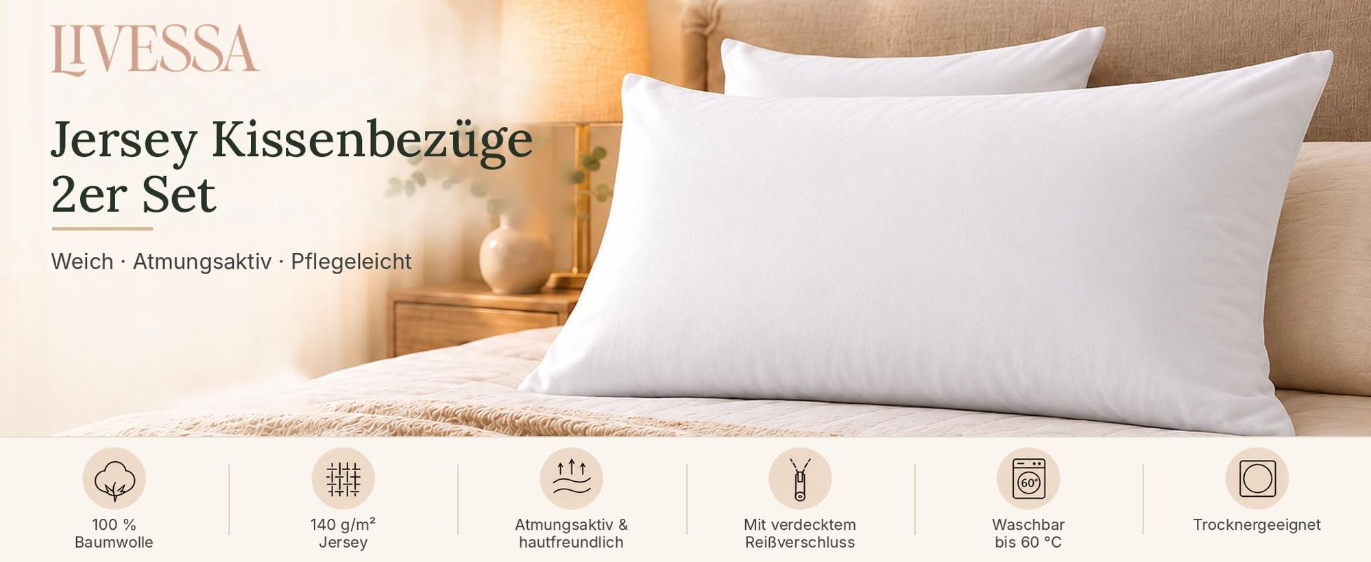 Livessa Jersey Kissenbezug 2er Set 65x65 cm 100% Baumwolle Kirschrot