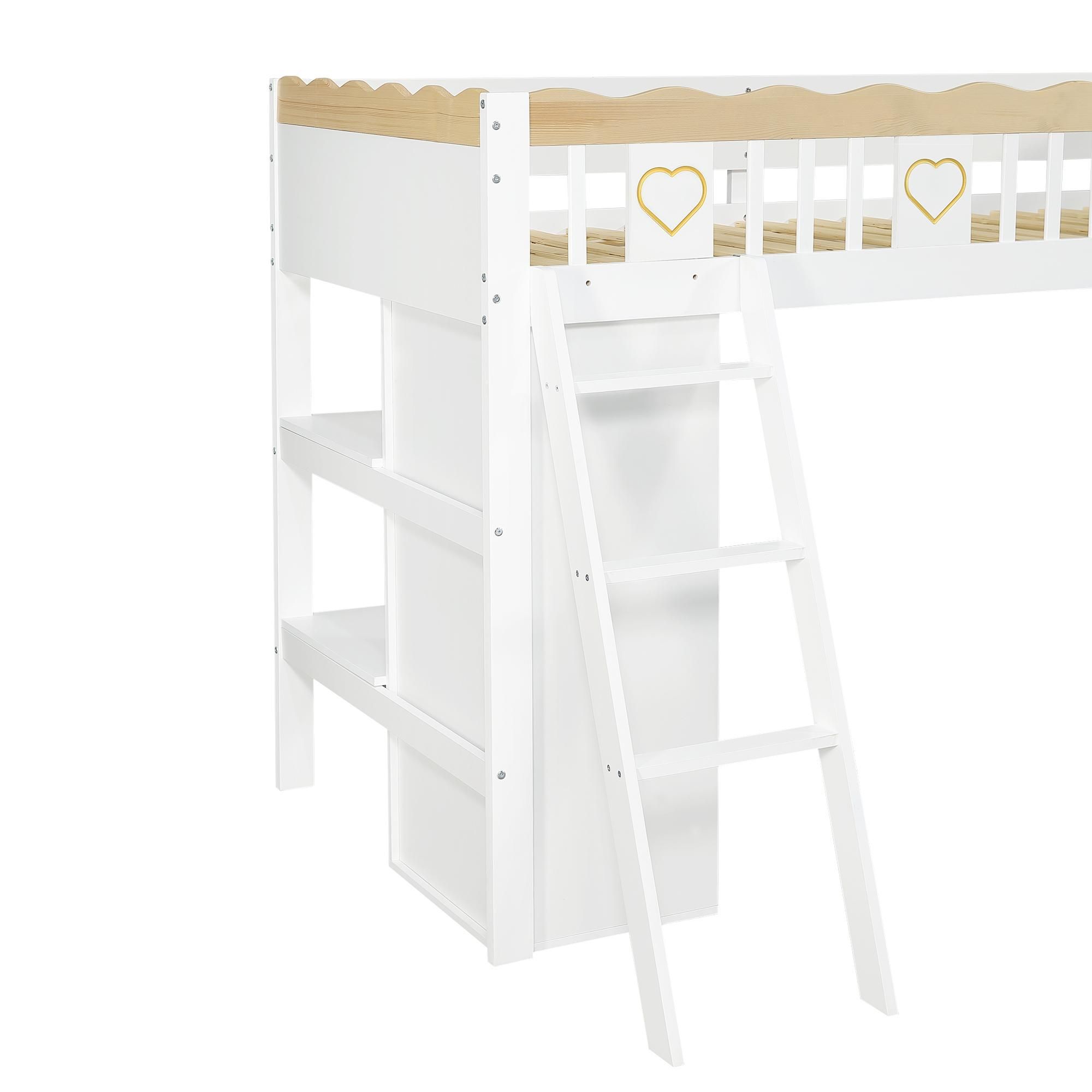 Flieks Etagenbett 90x200cm mit Rutsche und Leiter, Kinderbett Hochbett mit Kleiderschrank und Regal, Stockbett Spielbett mit Lattenrost, Weiß