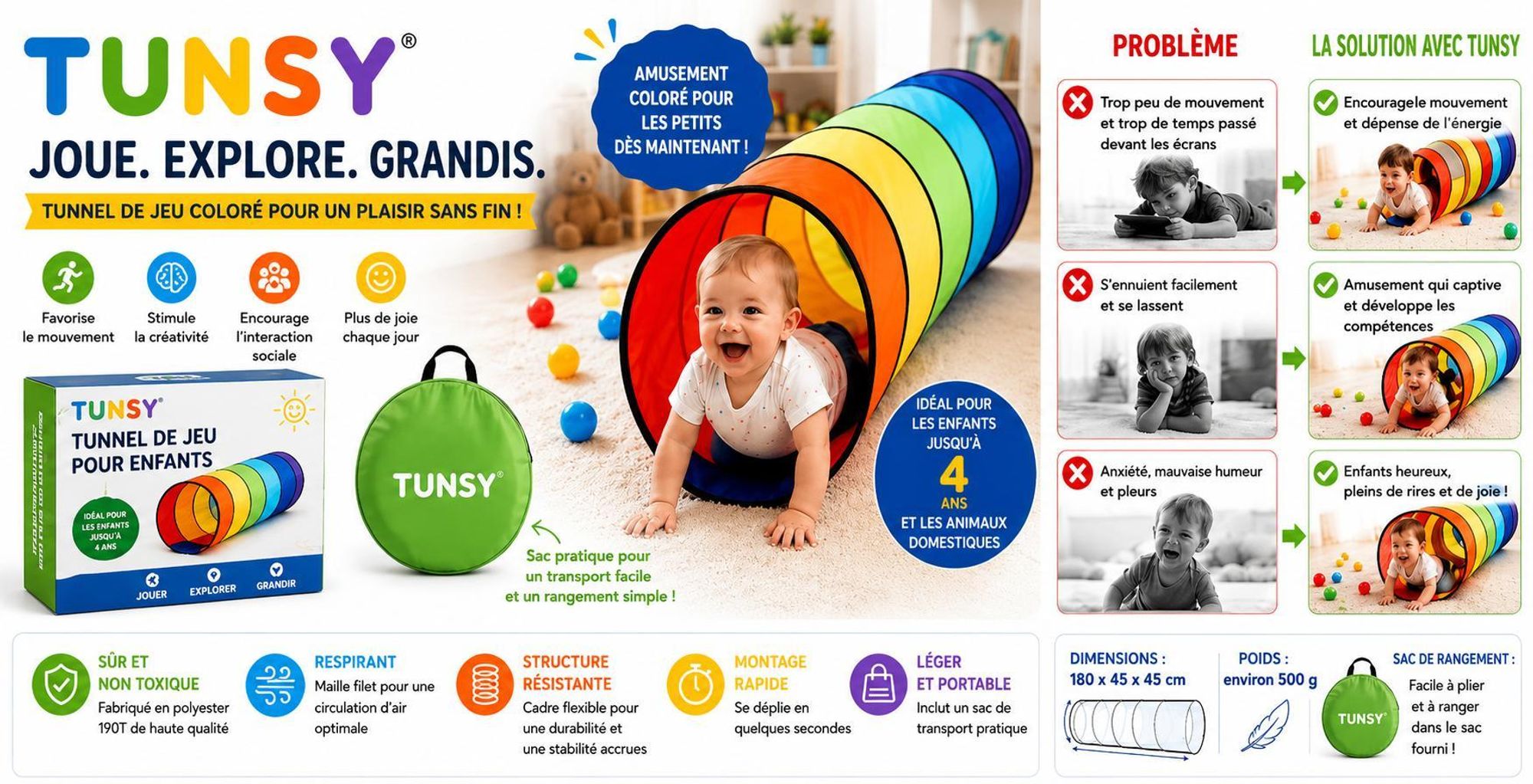 Tunnel de jeu arc-en-ciel 180 x 45 x 45 cm, tunnel pour enfants à partir de 1 an, tunnel de jeu pliable - TUNSY