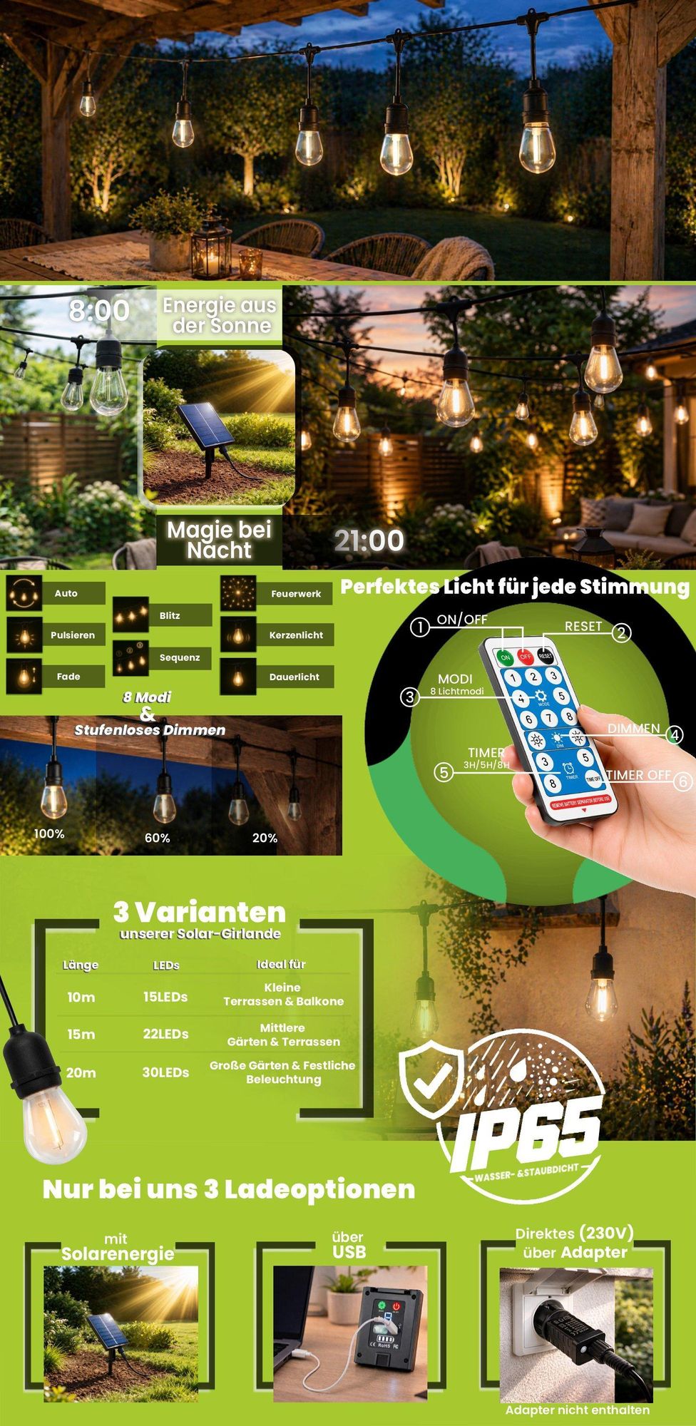 LUMILED Solar Lichterkette für Außen 10M S14 15x LED + 2 Ersatzbirnen, mit Fernbedienung, Warmweiß 2700K IP65 Wasserdicht 8 Leuchtmodi Dimmbar Solarlichterkette Solarlampe Garten Außenlichterkette Outdoor