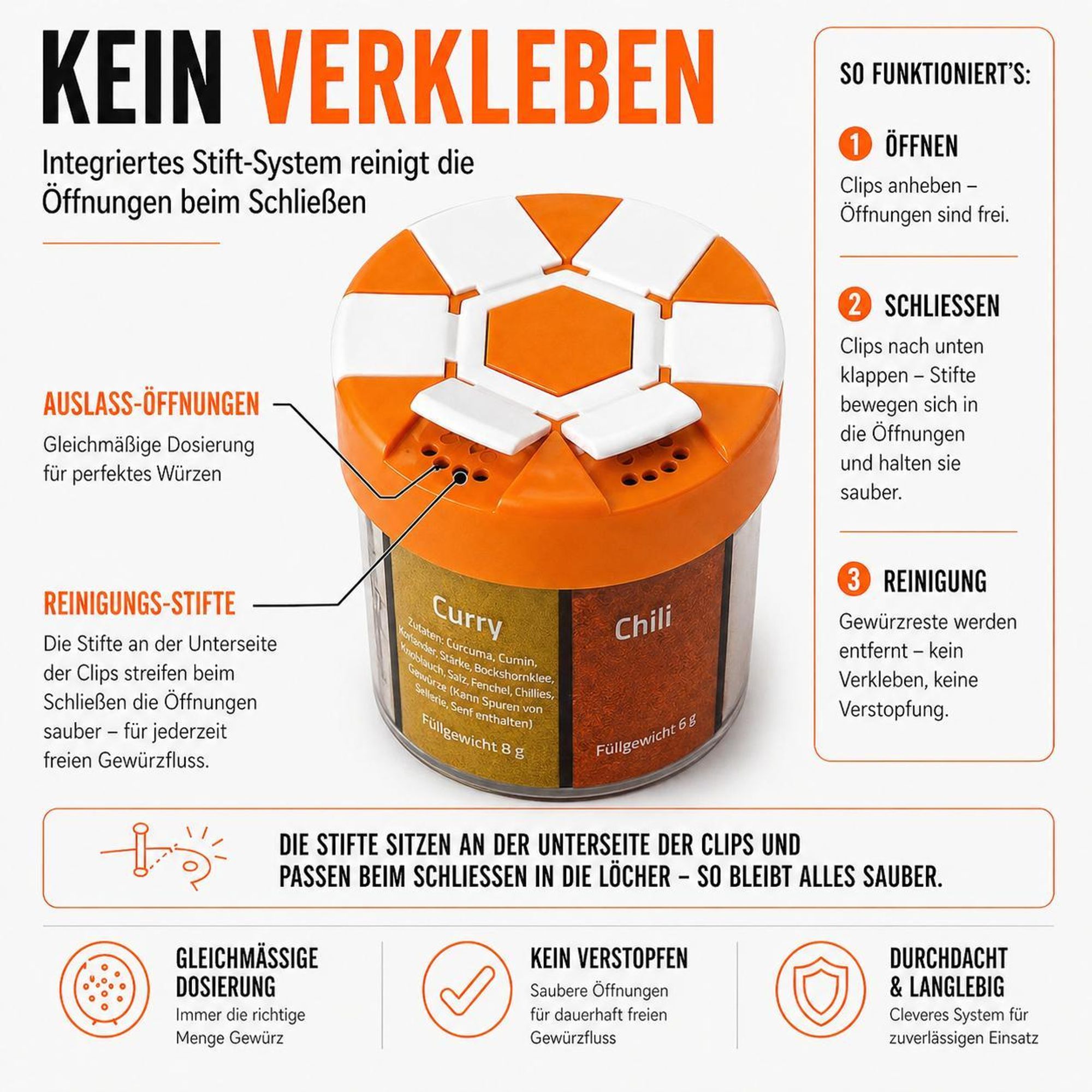 ration1 Gewürzstreuer XXL 6 in 1 – Camping Gewürzdose mit Salz, Pfeffer, Chili, Paprika, Knoblauch & Curry, nachfüllbar