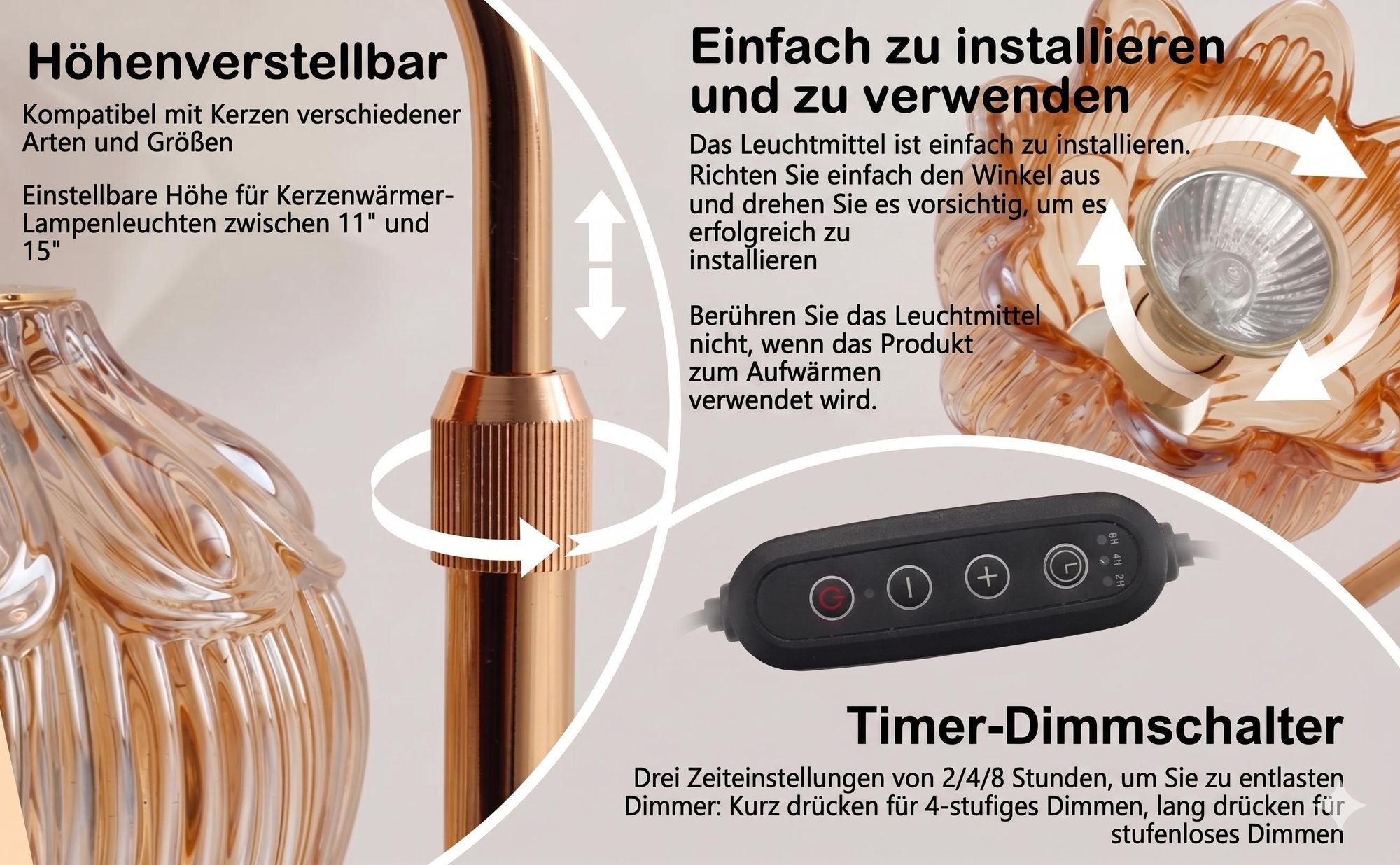 Duftkerzenwärmerlampe mit Timer & Dimmer, Höhenverstellbare Elektrische Duftlampe inkl. 2 Birnen, Flammenlose Kerzenleuchte, Geschenk zum Muttertag