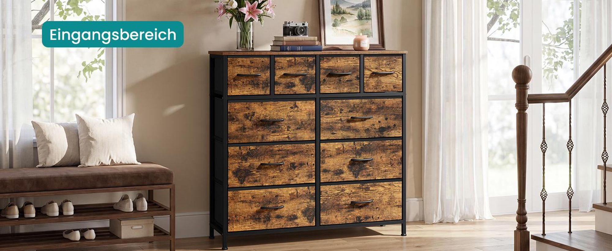 SONGMICS Kommode mit 10 Stoffschubladen, Aufbewahrungsschrank mit Metallgestell, 98,7 x 30 x 96,2 cm, Braun