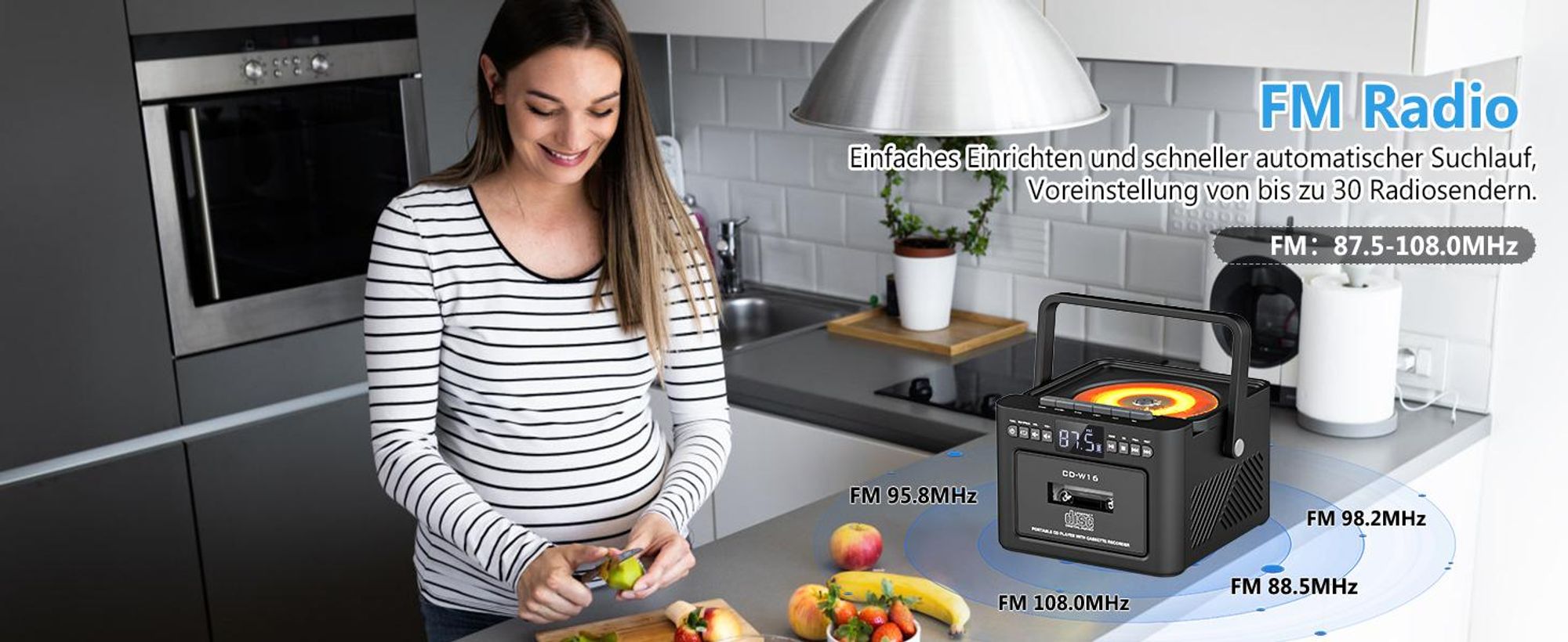 CD Player, Tragbar CD-Player, 5W Bluetooth Lautsprecher, Kassettenspieler mit UKW Radio, 5000mAh wiederaufladbare Akku, Fernbedienung, AUX/USB/SD