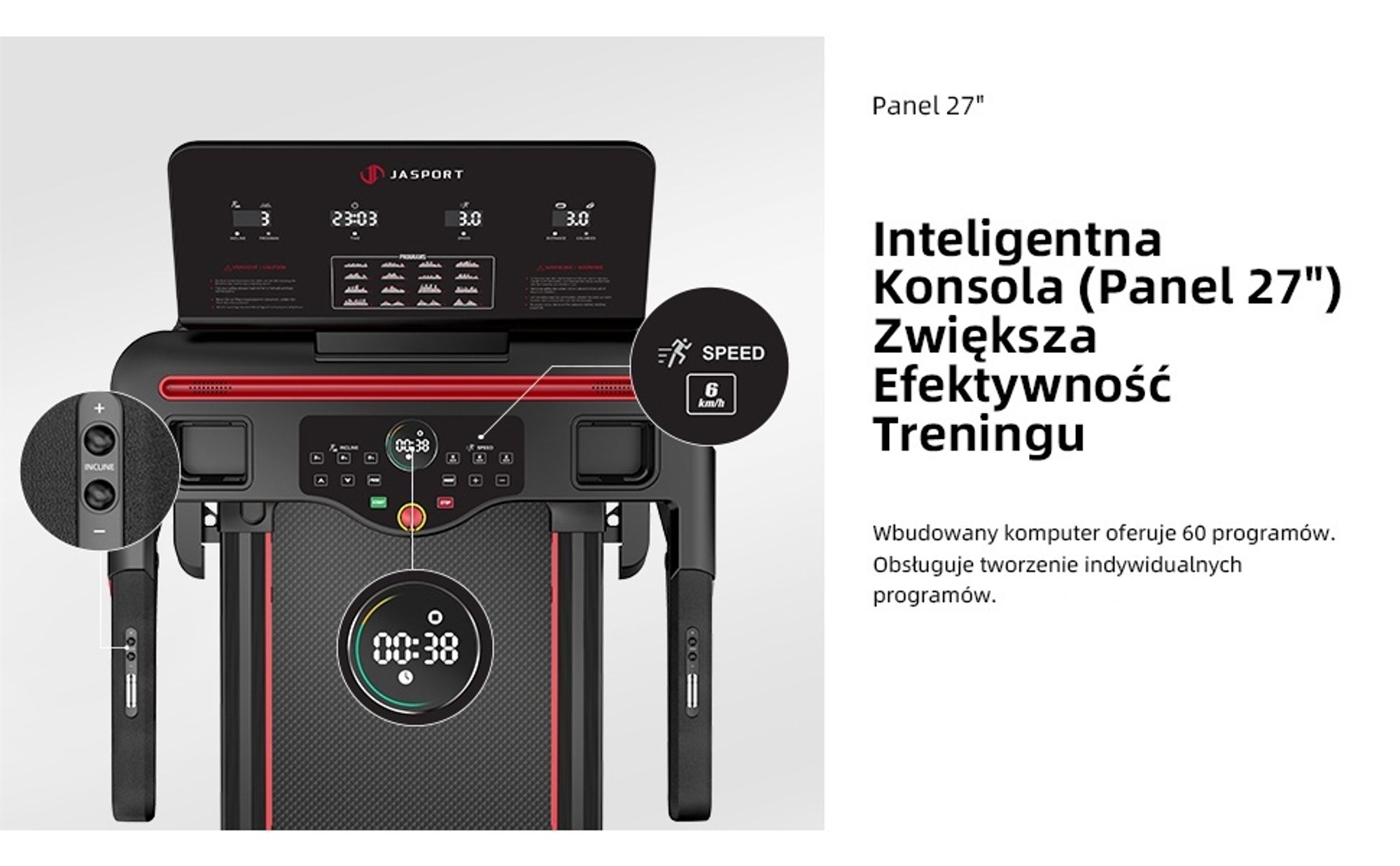 JASPORT L3 bieżnia elektryczna do domu, składana, do 20 km/h, nachylenie elektryczne 18%, silnik DC 4,0 HP, 60 programów, Bluetooth, do 120 kg