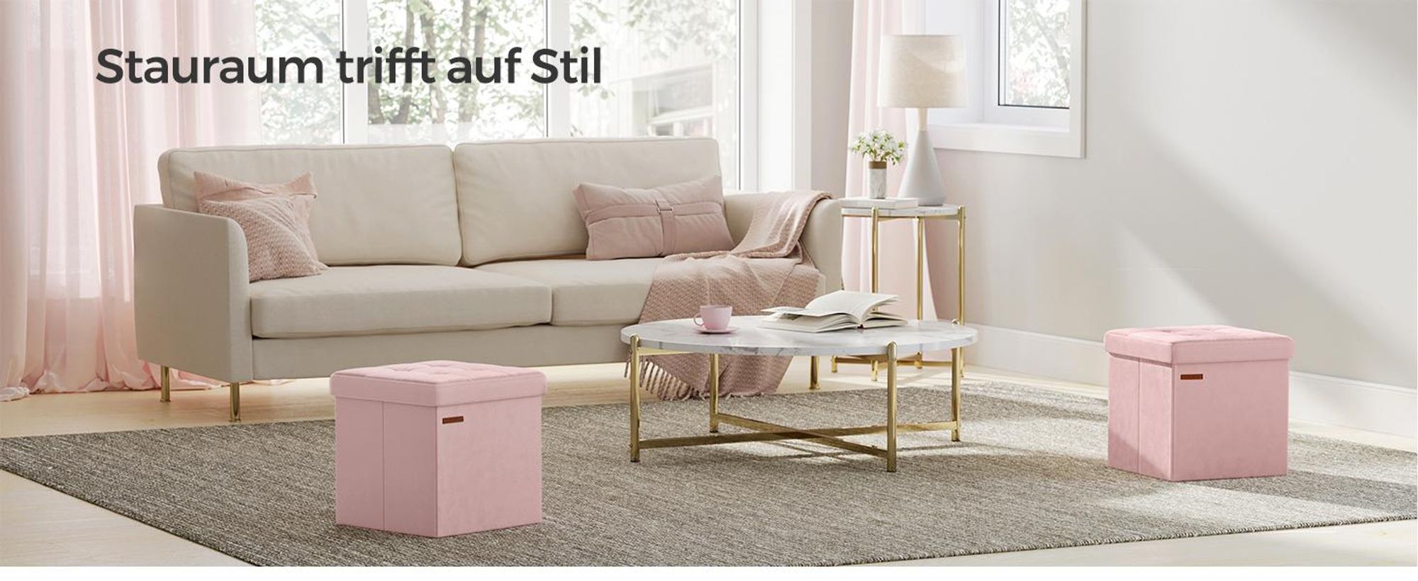SONGMICS Sitzbank mit Stauraum, klappbare Sitztruhe, Fußbank, 38 x 38 x 38 cm, bis 300 kg belastbar, Pastellrosa