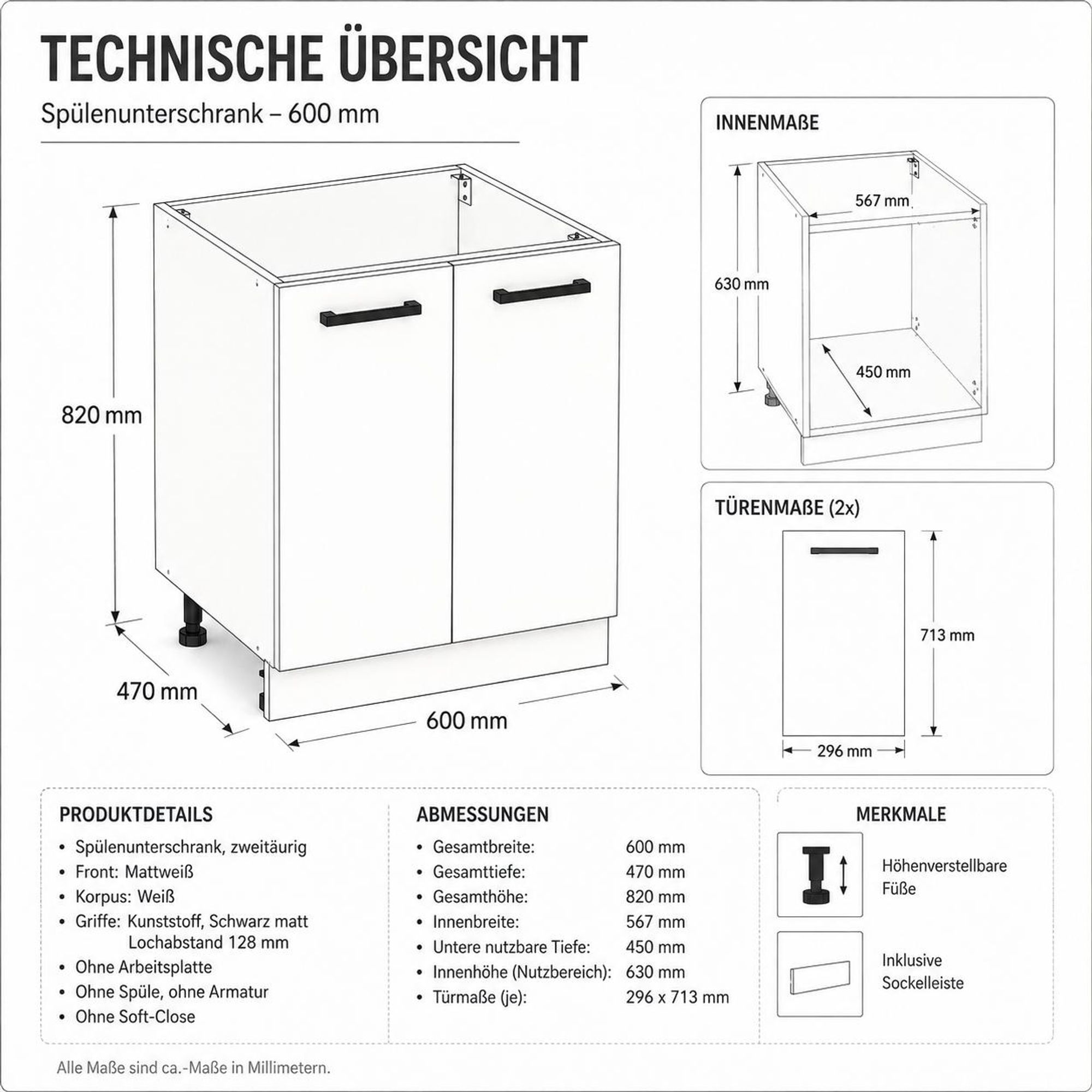 Spülenschrank 60 cm Anthrazit: Maße im Überblick, Türhöhe 71,3 cm & Innenbreite.