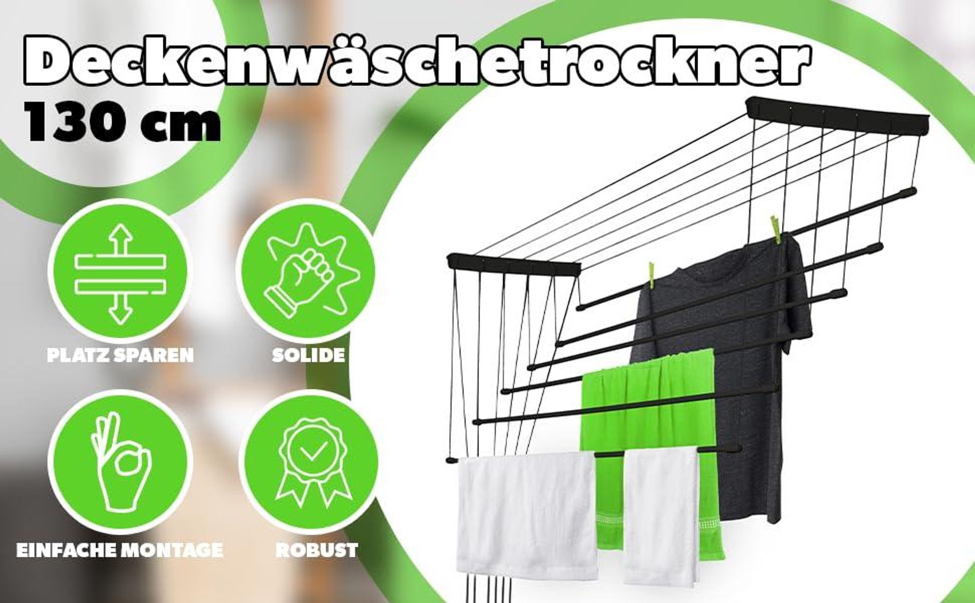 KADAX Deckenwäschetrockner "Torp", Deckentrockner Traglast 12kg, 6 Stäbe, 130 cm, schwarz