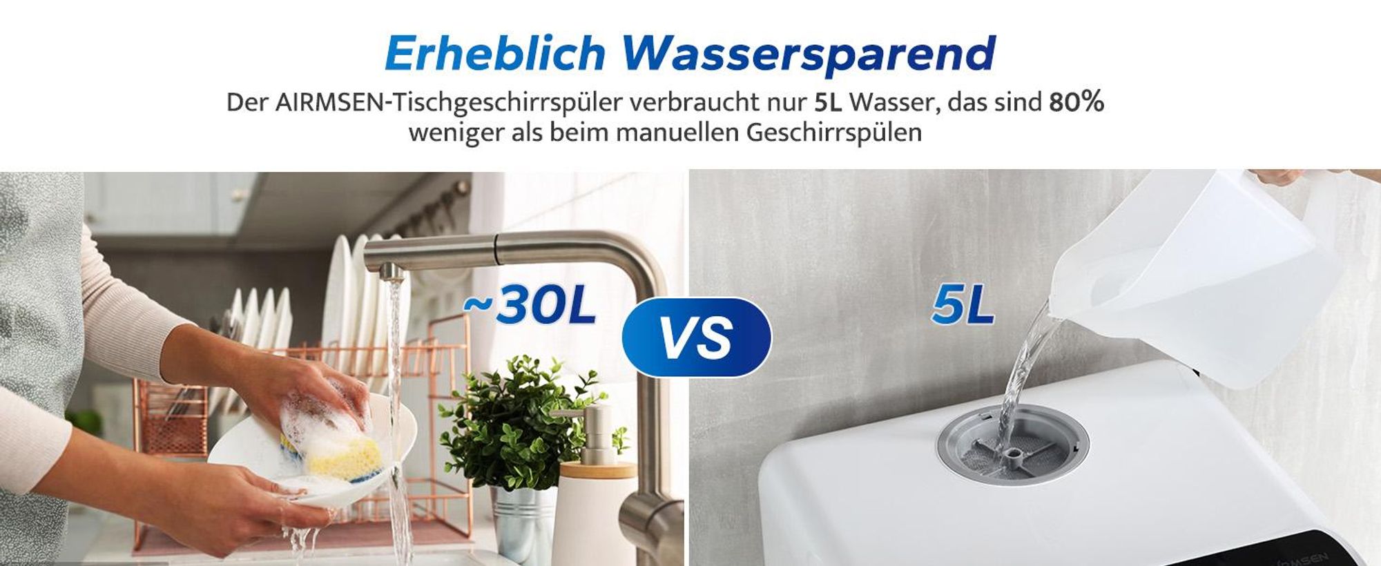 AIRMSEN Mini Geschirrspüler 5L,Tischgeschirrspüler 45cm, mit oder ohne Wasseranschluss,für Wohnung,Camping und Wohnwagen,Weiß