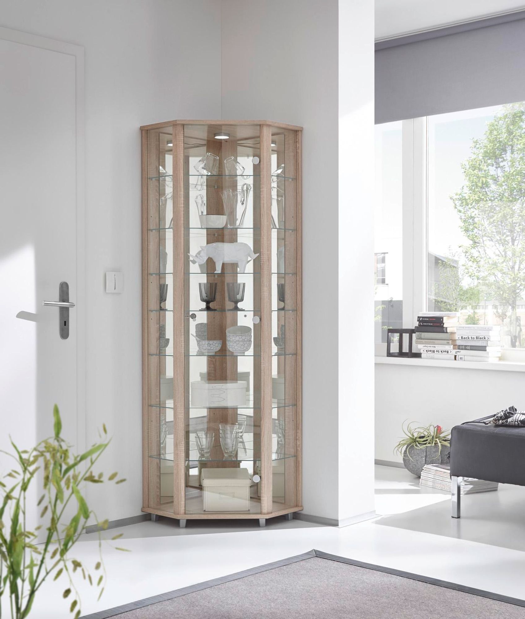 Eckvitrine "Berlin II" – moderne Glasvitrine mit ESG-Glastür und viel Stauraum