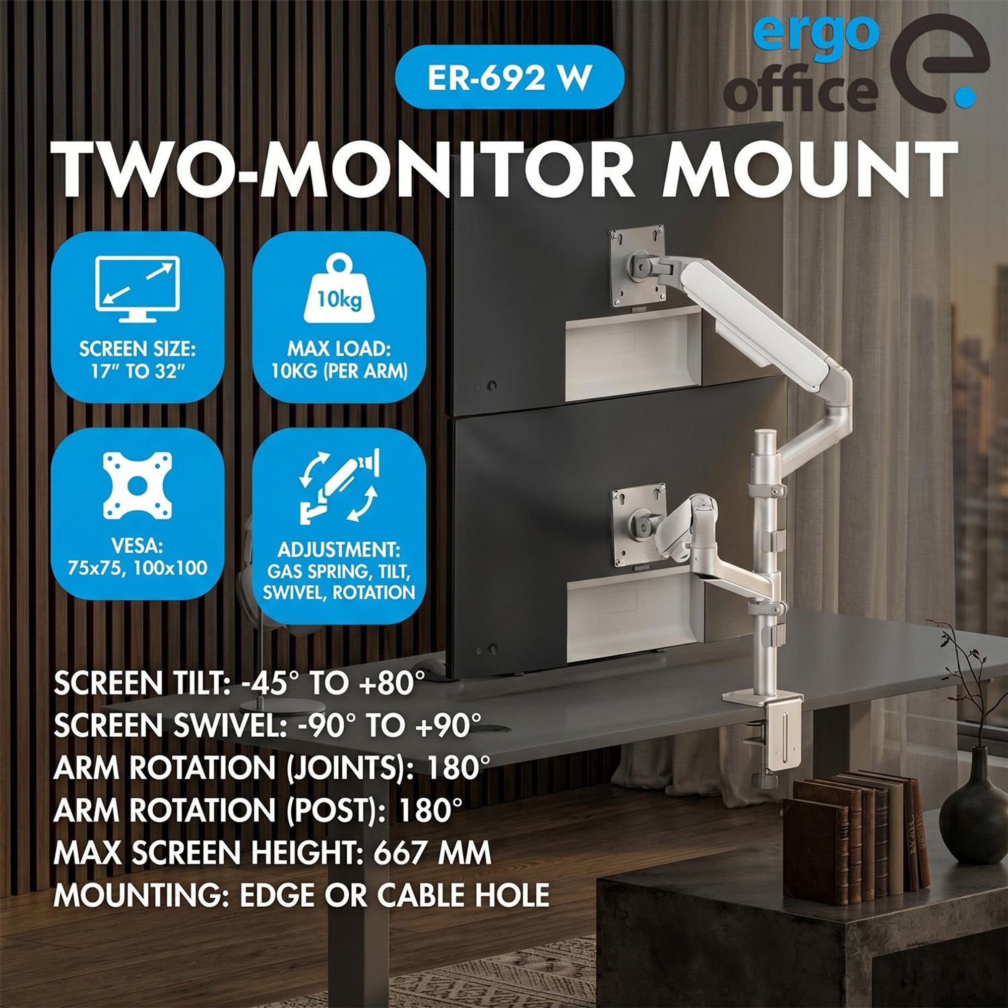 Ergo Office-Halterung/Aufhängung für 2 Monitore Gasfeder, 17"-32" 1-10 kg mattweiß ER-692 W